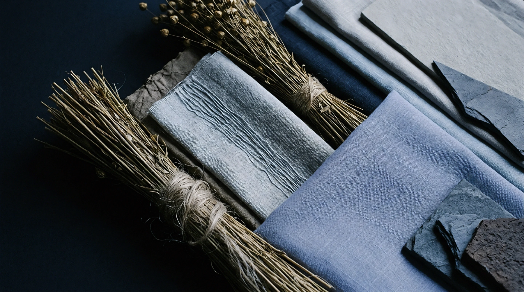 Dried flax stalks with seed pods and folded woven linen fabrics rest alongside dark slate pieces upon a dark surface.