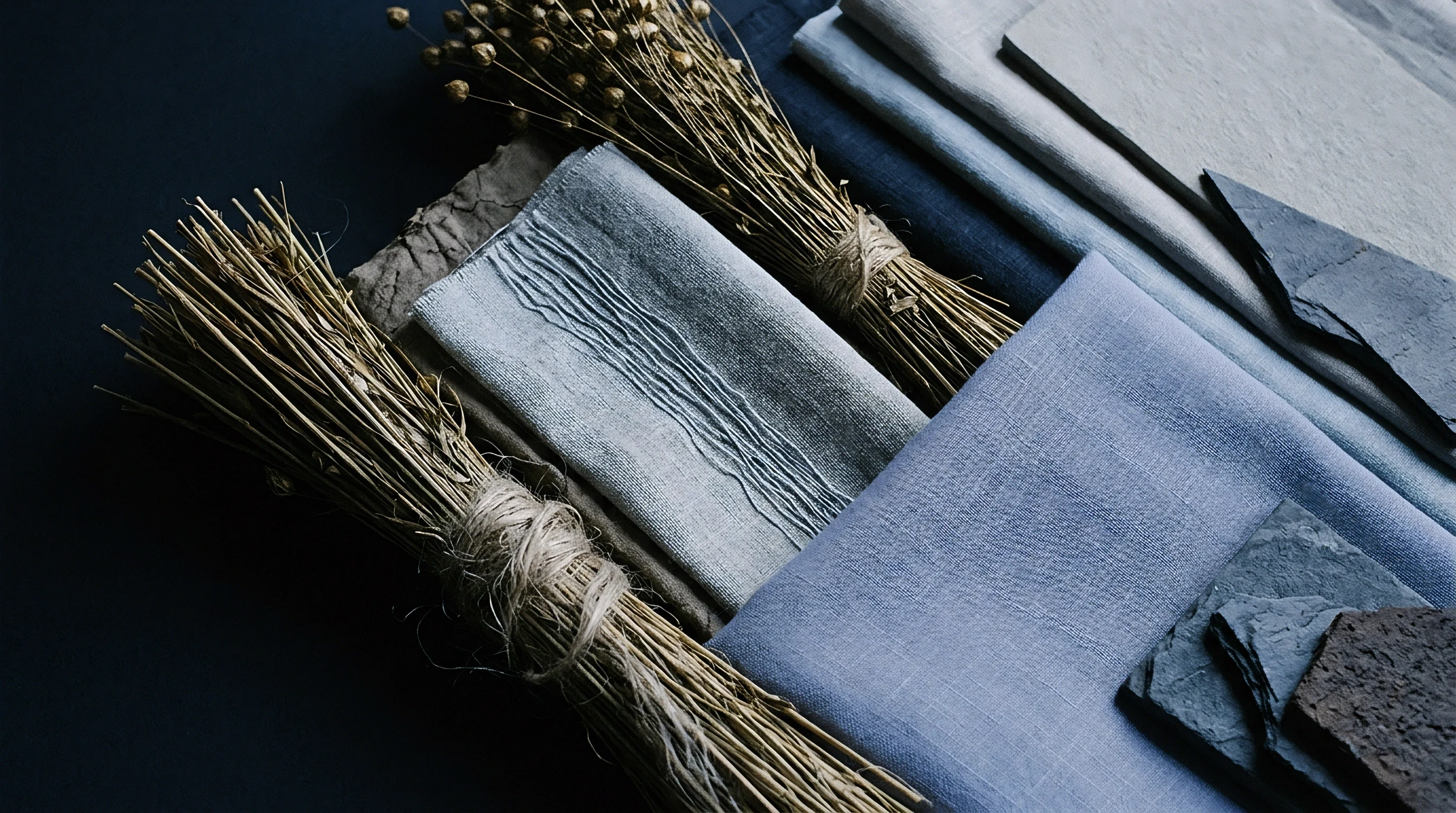 Dried flax stalks with seed pods and folded woven linen fabrics rest alongside dark slate pieces upon a dark surface.