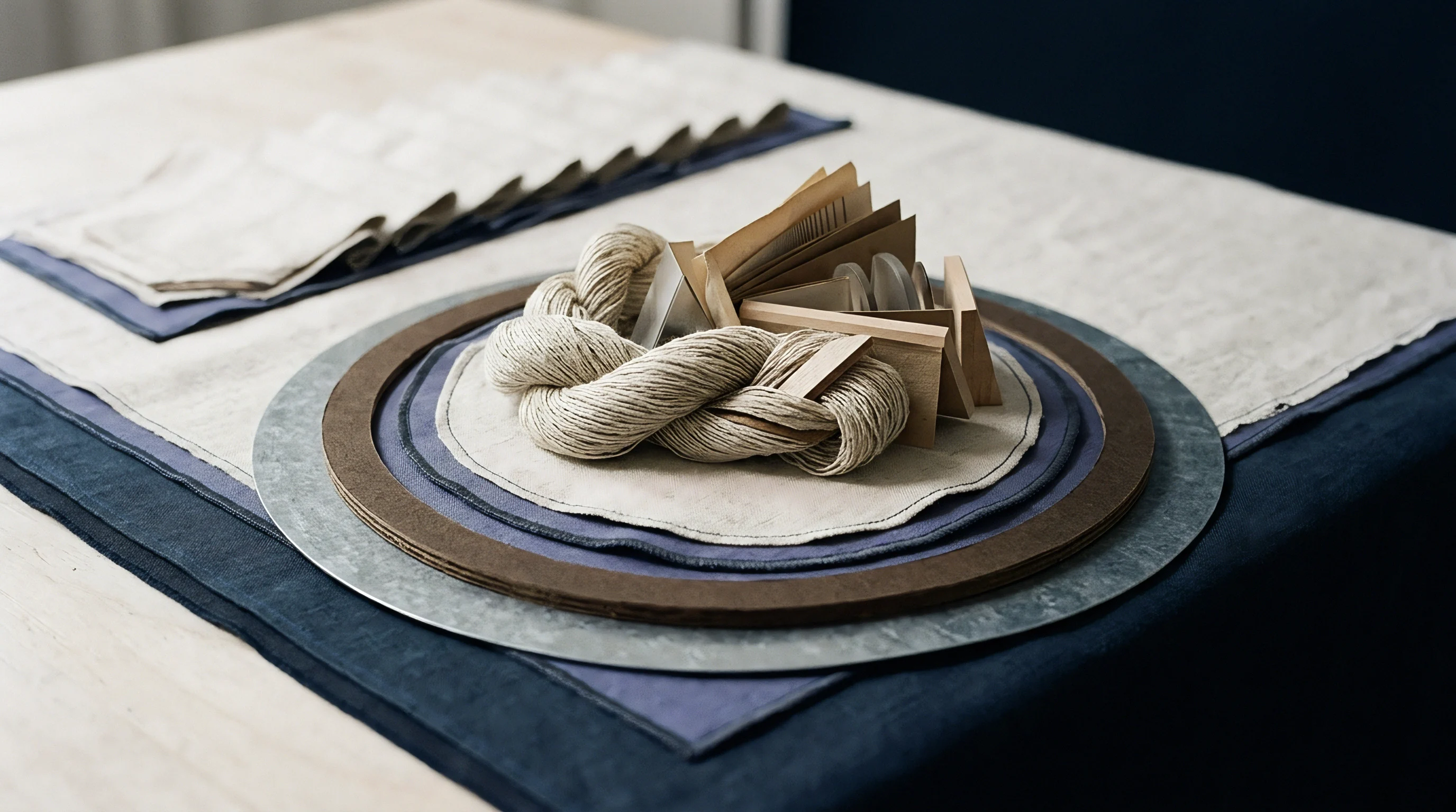 Unspun flax fibre skeins rest upon layered woven linen swatches inside a metal tray on a neutral workshop table.