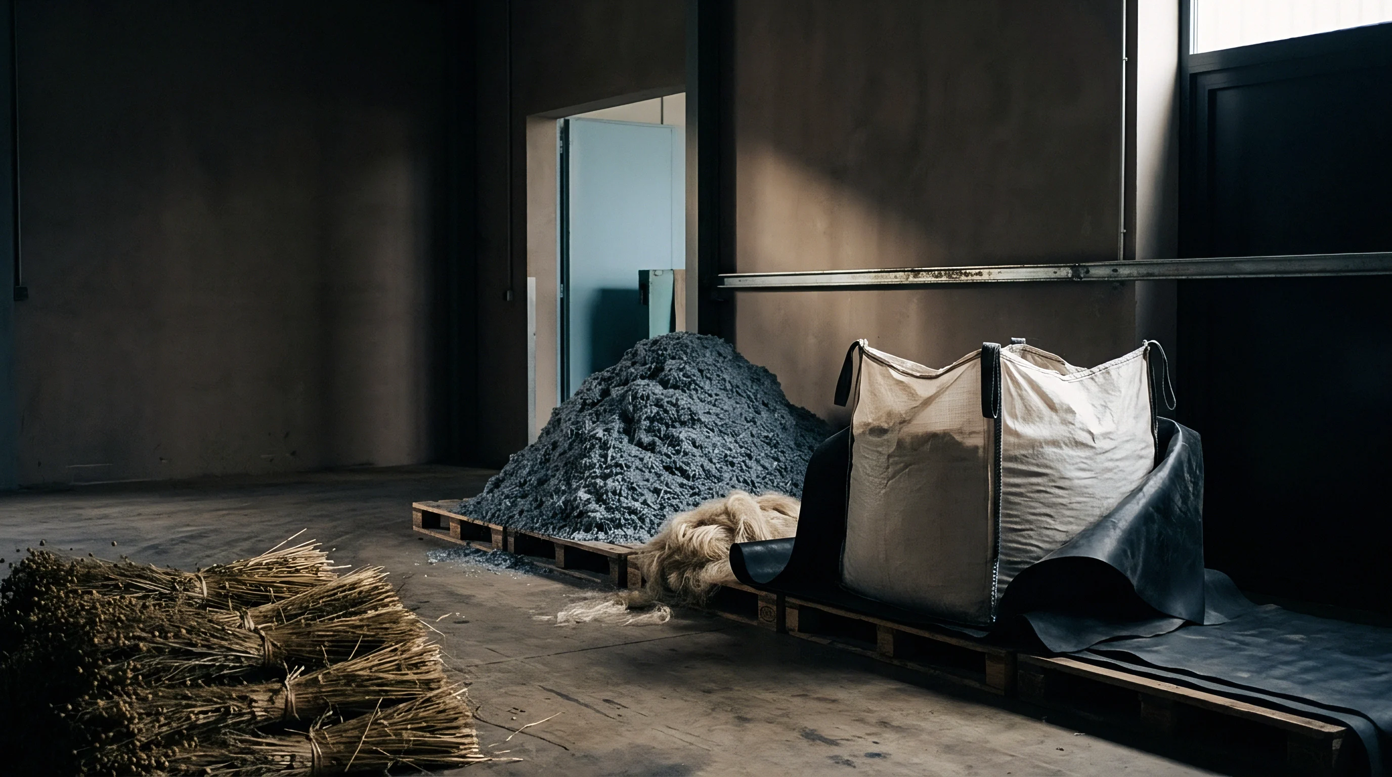 Bundles of raw flax straw rest on a concrete floor beside piles of processed fibre inside an industrial storage warehouse.