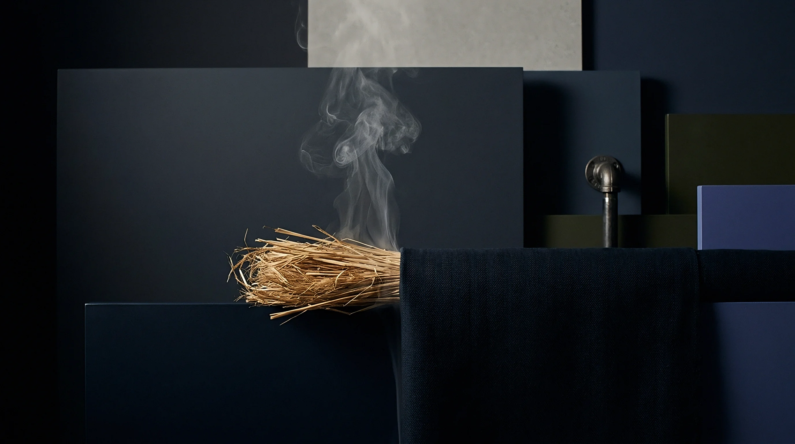 Raw harvested flax stalks release vapour beside a dark woven textile draped across geometric panels against a deep studio background.