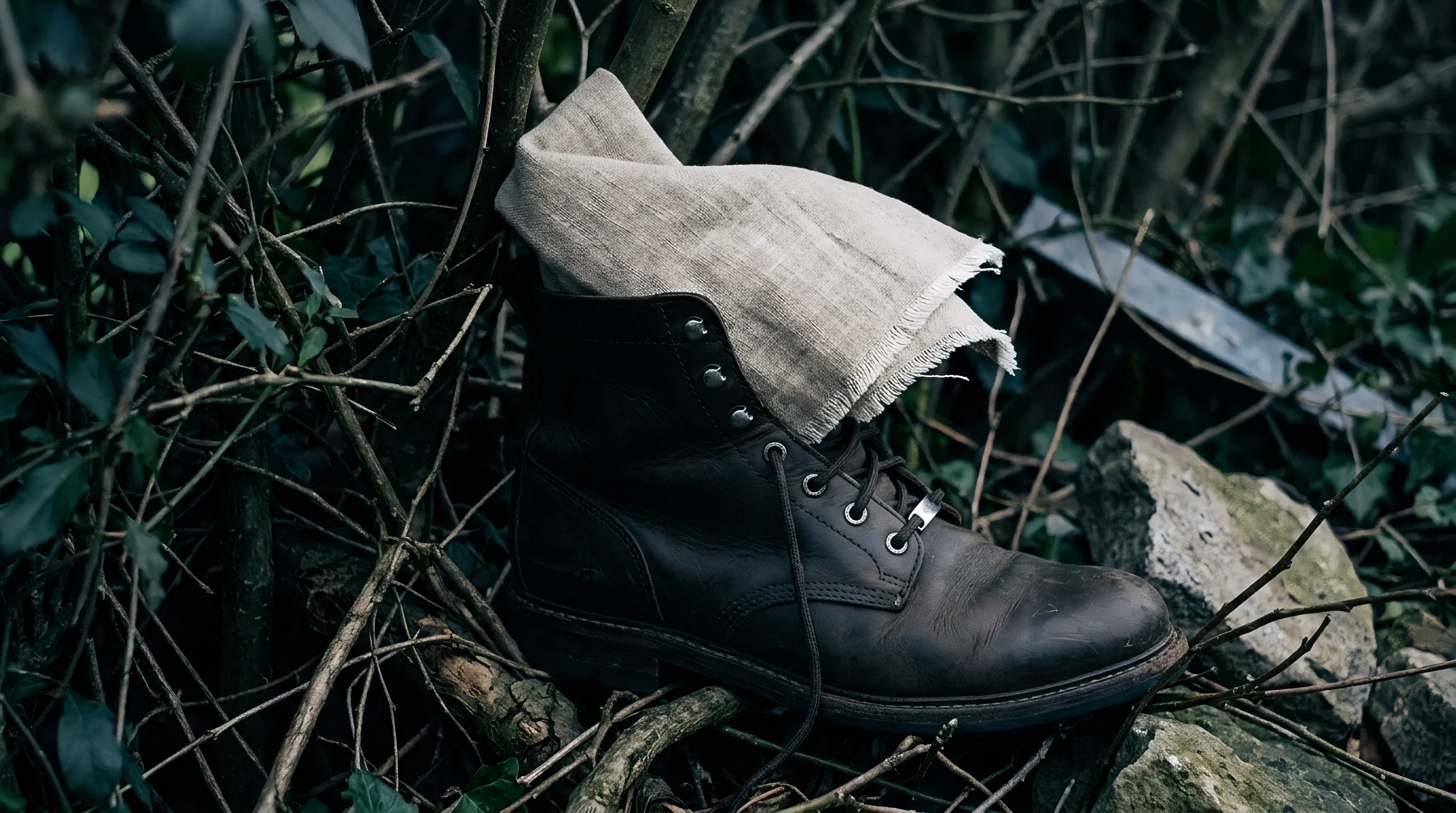 Coarse woven linen fabric rests within a darkened leather work boot surrounded by tangled forest undergrowth and scattered stones.