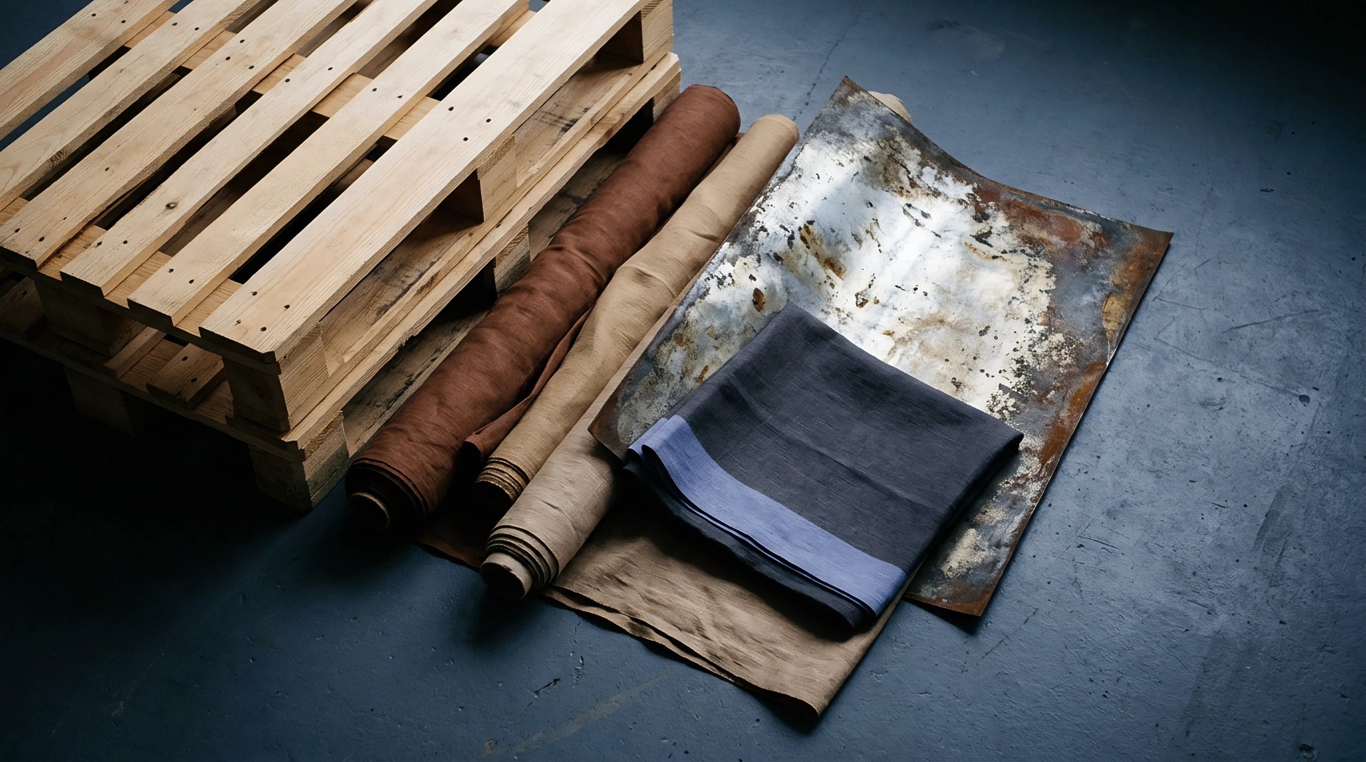 Wooden pallets sit beside rolled natural textile fibers and folded woven linen fabric resting on a dark industrial floor.