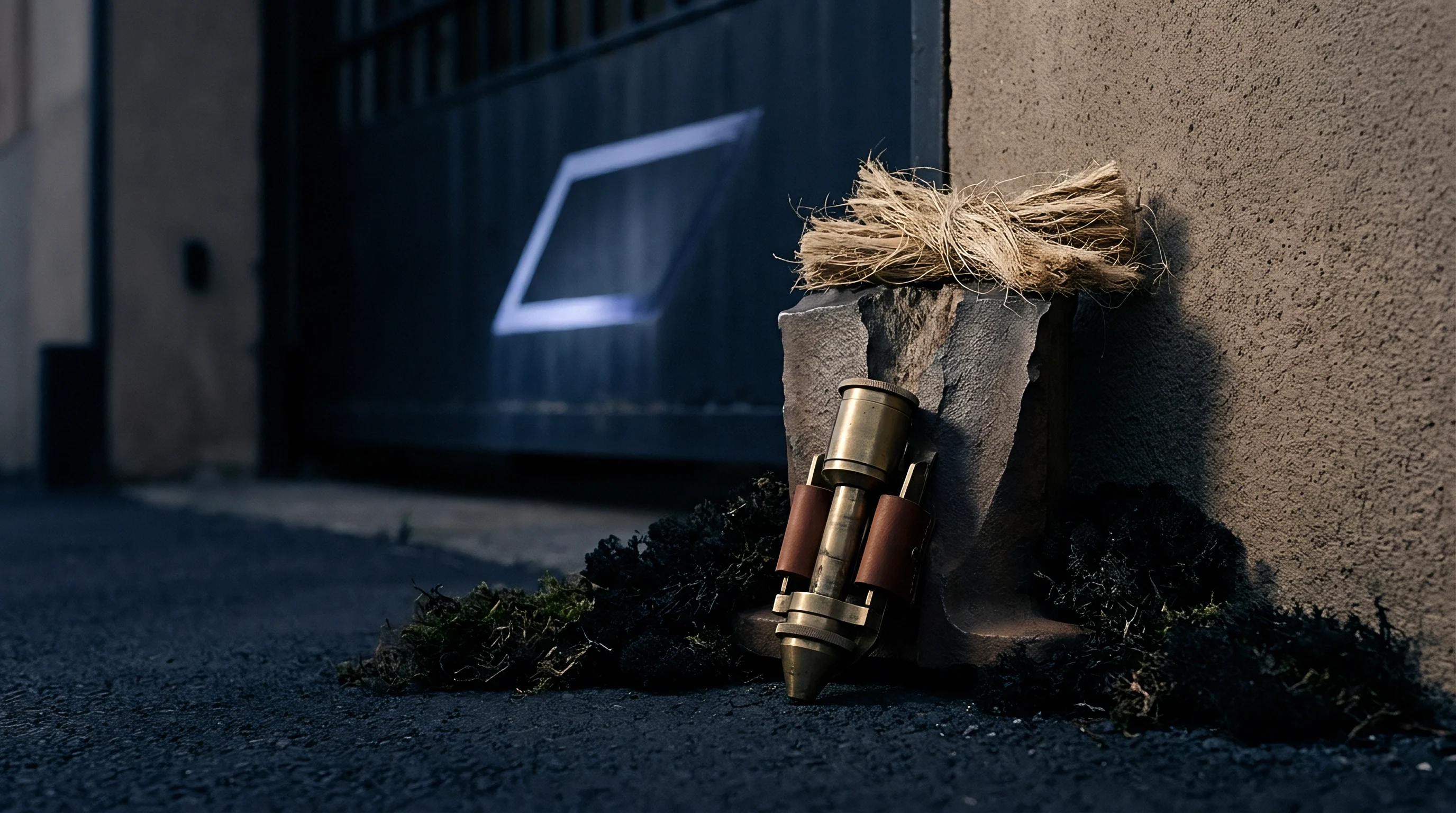 Raw scutched flax fibre sits bundled atop a stone pedestal beside a brass spinning component on an urban pavement.