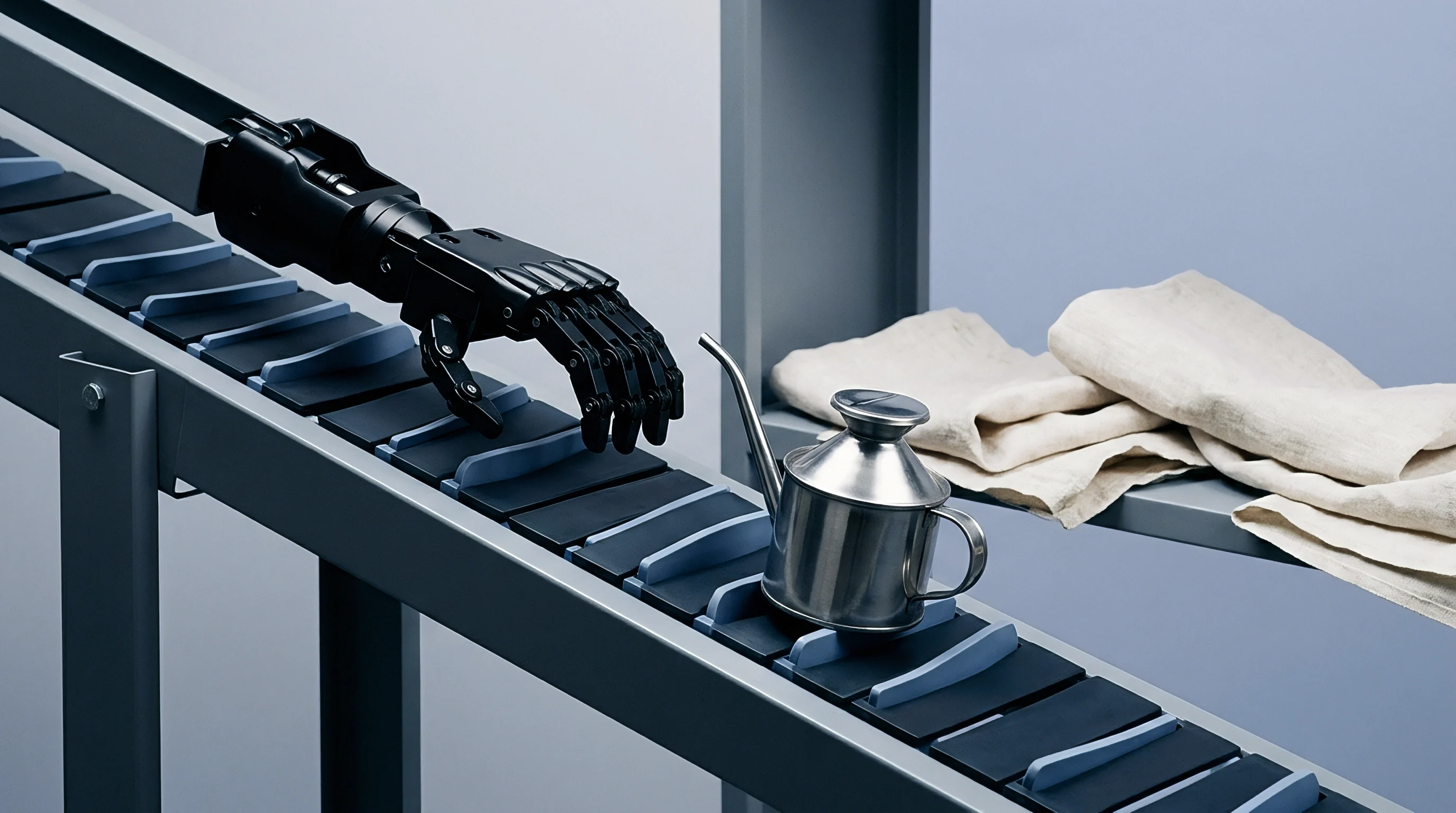 A black robotic hand extends toward a metal oiling can positioned on a moving industrial conveyor beside woven linen fabric on a metal shelf.