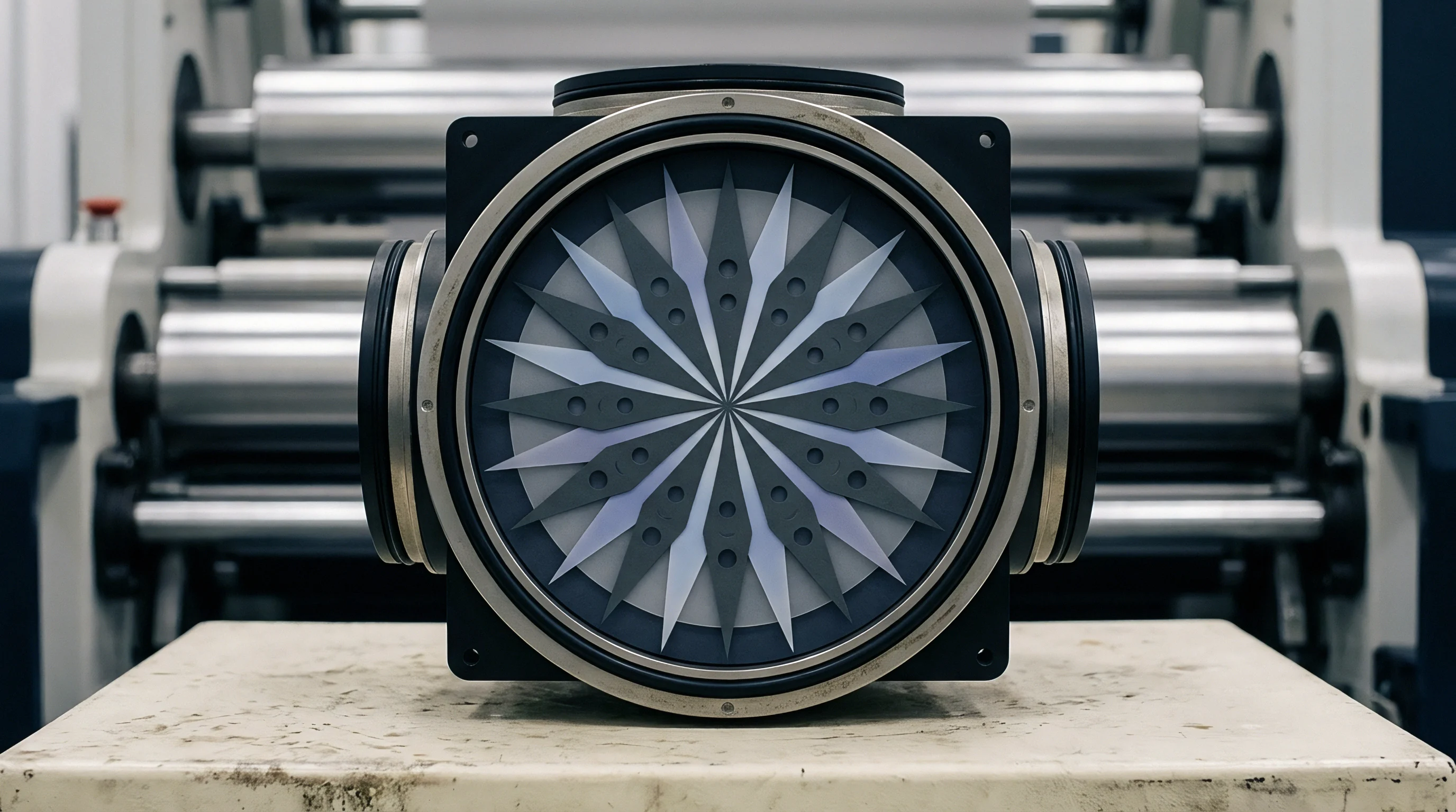 Heavy industrial fiber processing machinery houses a circular pneumatic distribution valve displaying star patterned blades inside a textile production workshop.