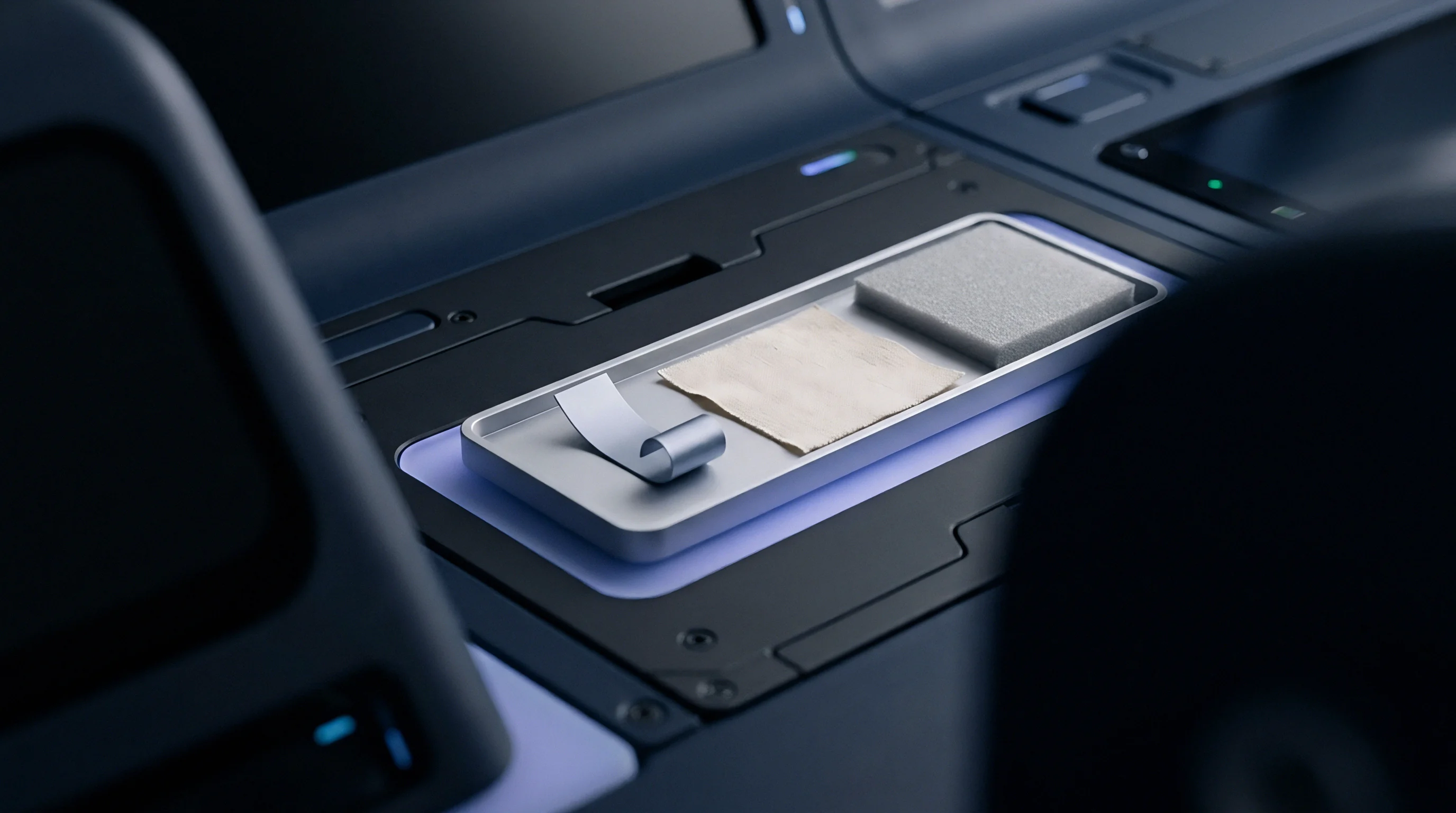 A digital render presents a laboratory tray holding a woven linen textile sample alongside a synthetic testing foam square and a curved metallic component.