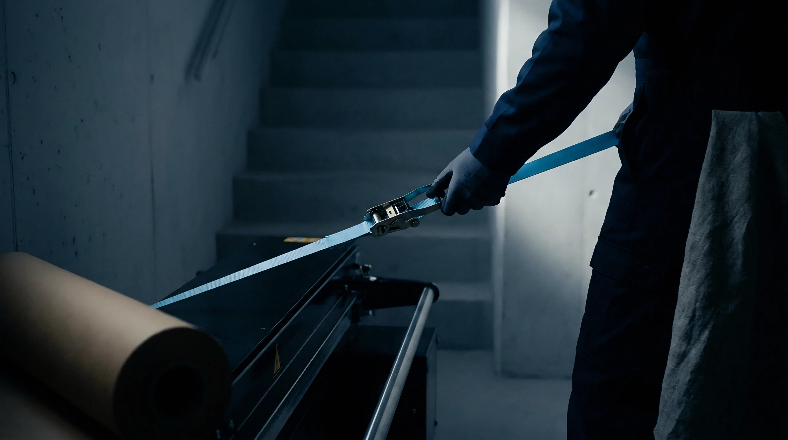 A gloved hand fastens a blue ratchet strap over dark industrial equipment, beside a large roll of brown material in a dimly lit processing area.