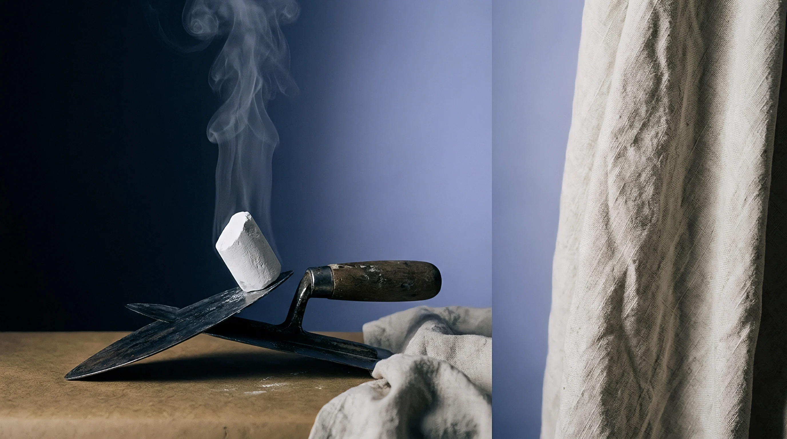 A steaming block of quicklime rests upon a metal mason trowel beside draped neutral woven flax fabric on a dark table.