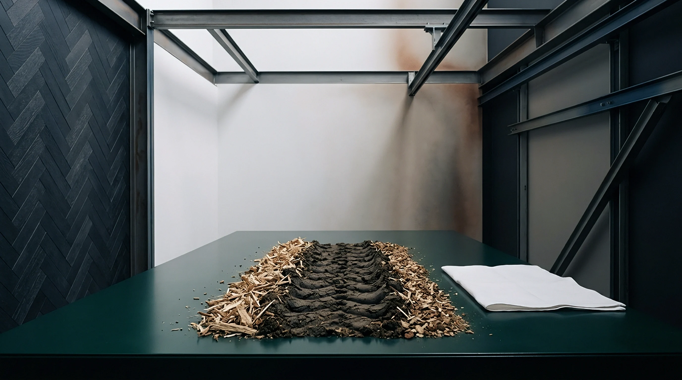 A dark green table holds an earthy soil track flanked by wood chips beside a folded white linen cloth inside an industrial steel structure.