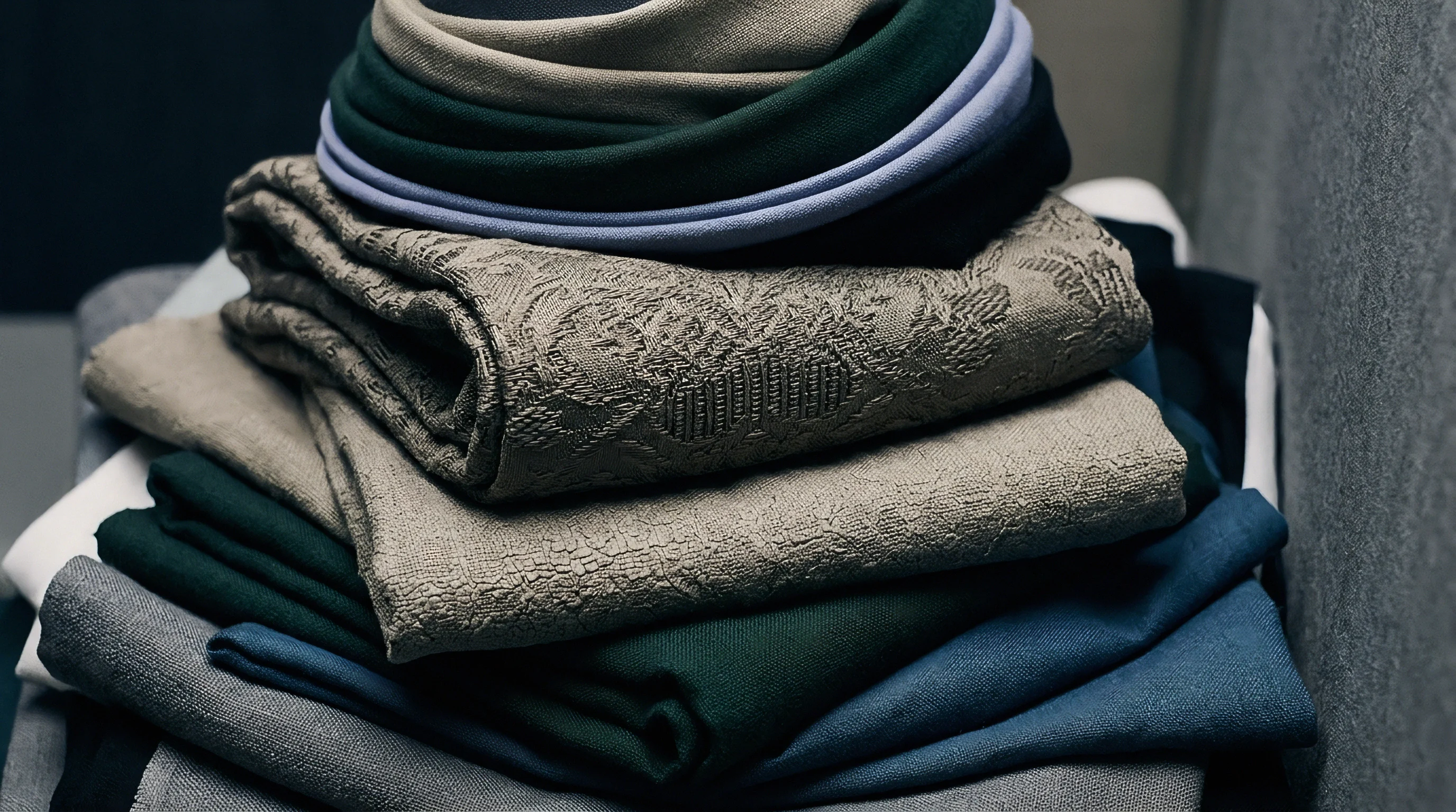 Folded woven linen fabrics and jacquard patterned cloth pieces rest in a production workspace inventory arrangement.