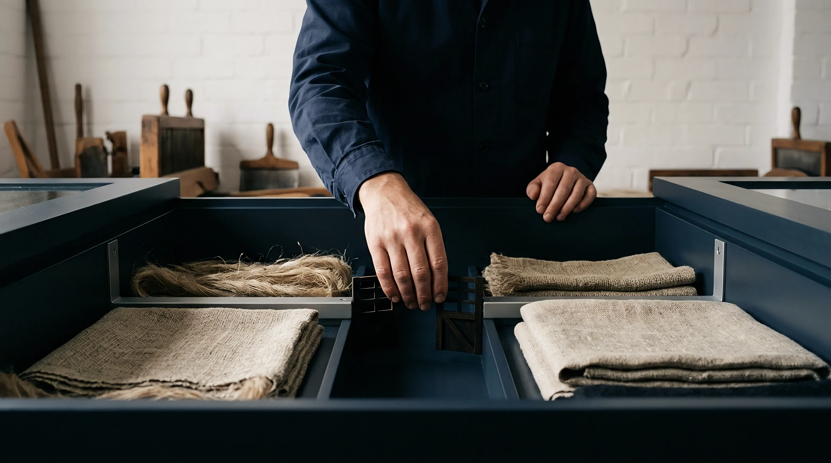 Artisan hands sort bundles of raw flax fibre and folded woven linen cloth inside compartmentalized dark blue storage drawers.