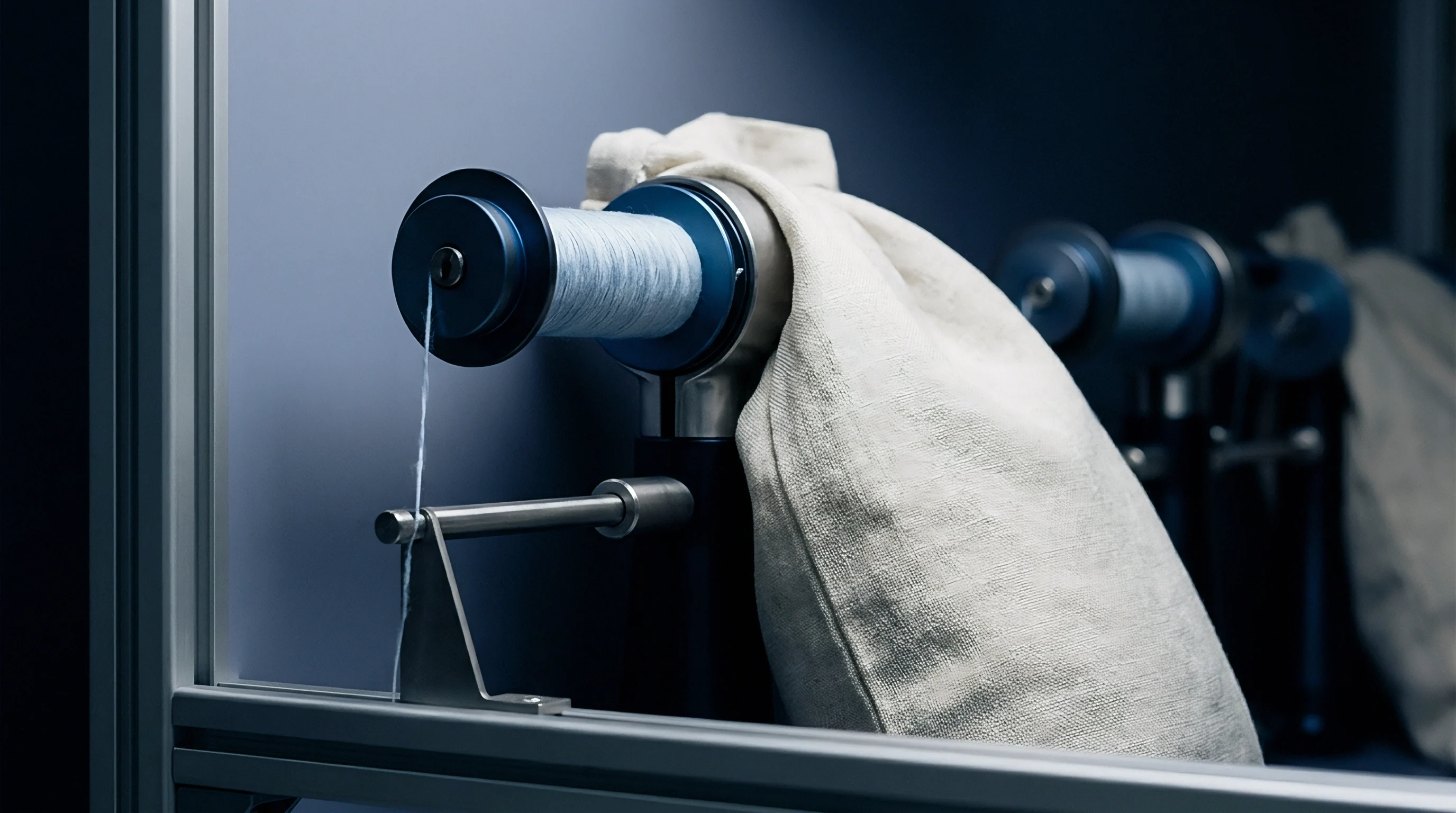 A blue wound yarn spool mounted on a metal bracket sits beside a natural linen textile sample bag inside a production facility.
