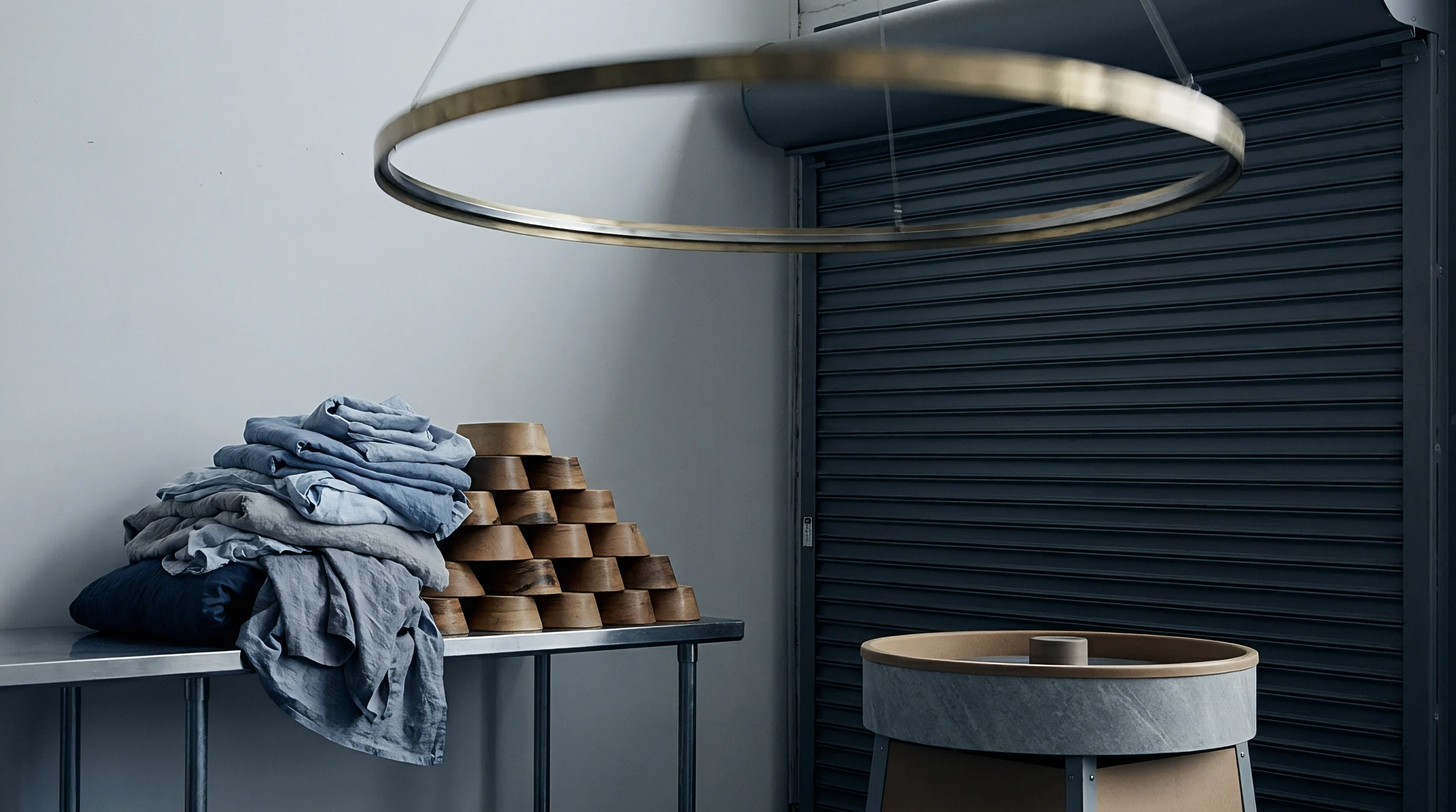 Folded blue linen textiles rest on a stainless steel workbench beside stacked wooden shaping bowls inside an industrial production facility.