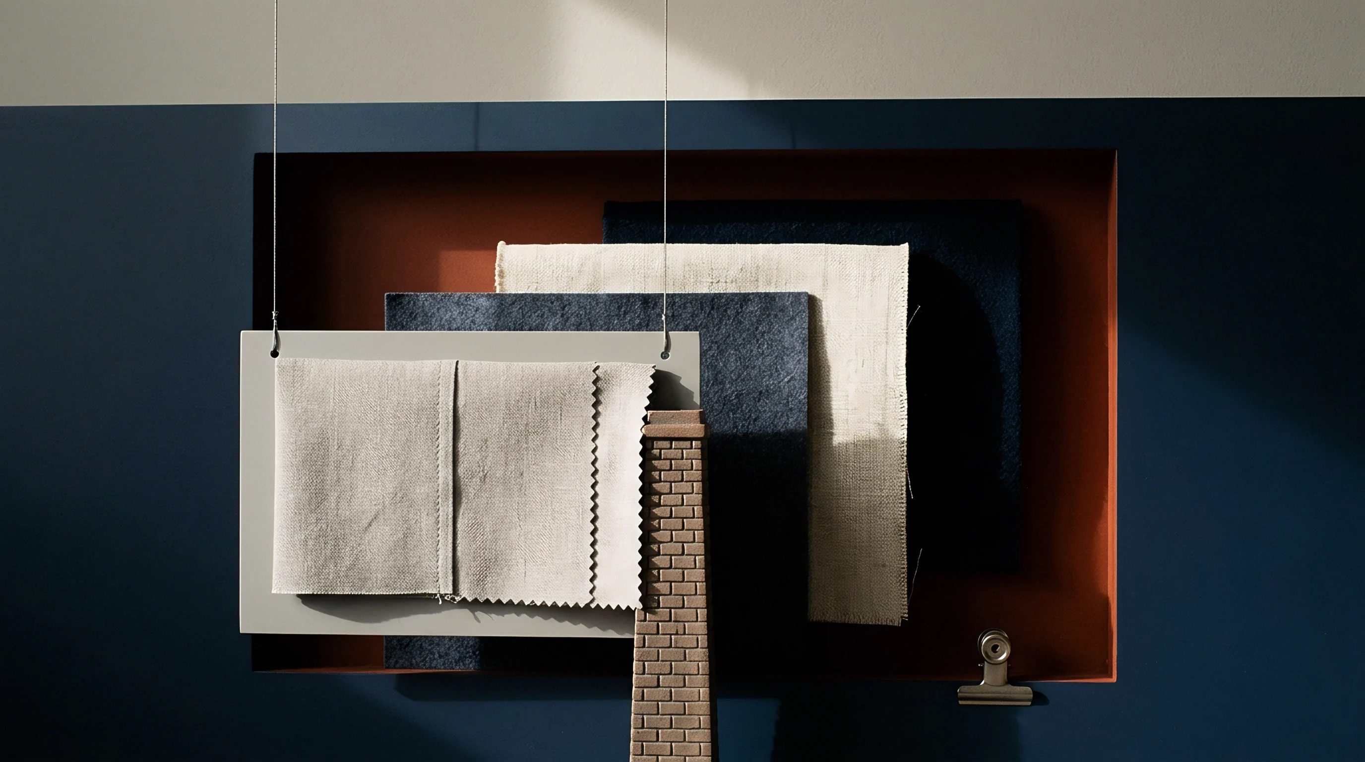 Neutral and dark woven textile swatches hang from a suspended panel inside a terracotta recessed wall set within a deep blue backdrop.