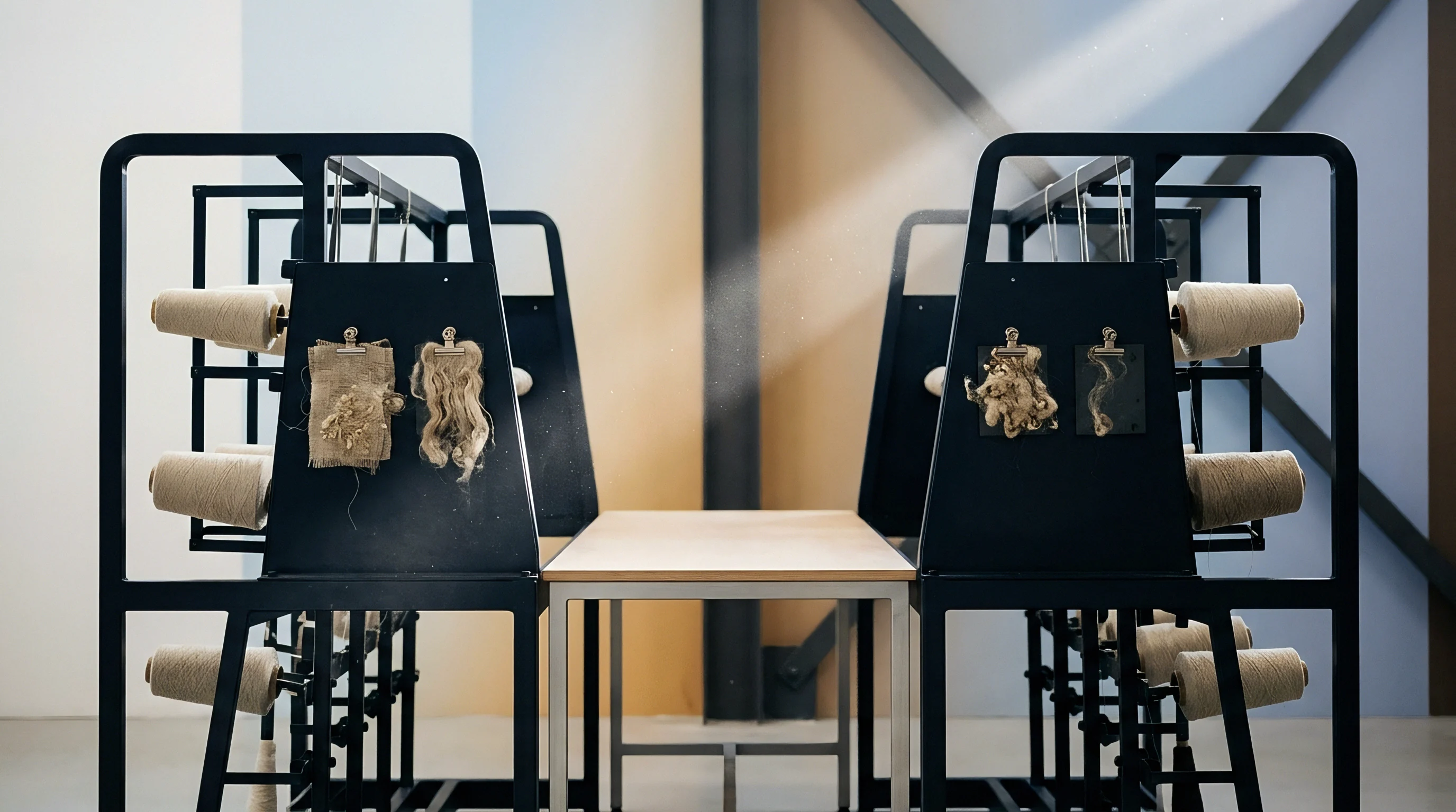 Two parallel metal testing frames hold wound yarn spools and clipped flax fibre samples above a central wooden table inside a production facility.