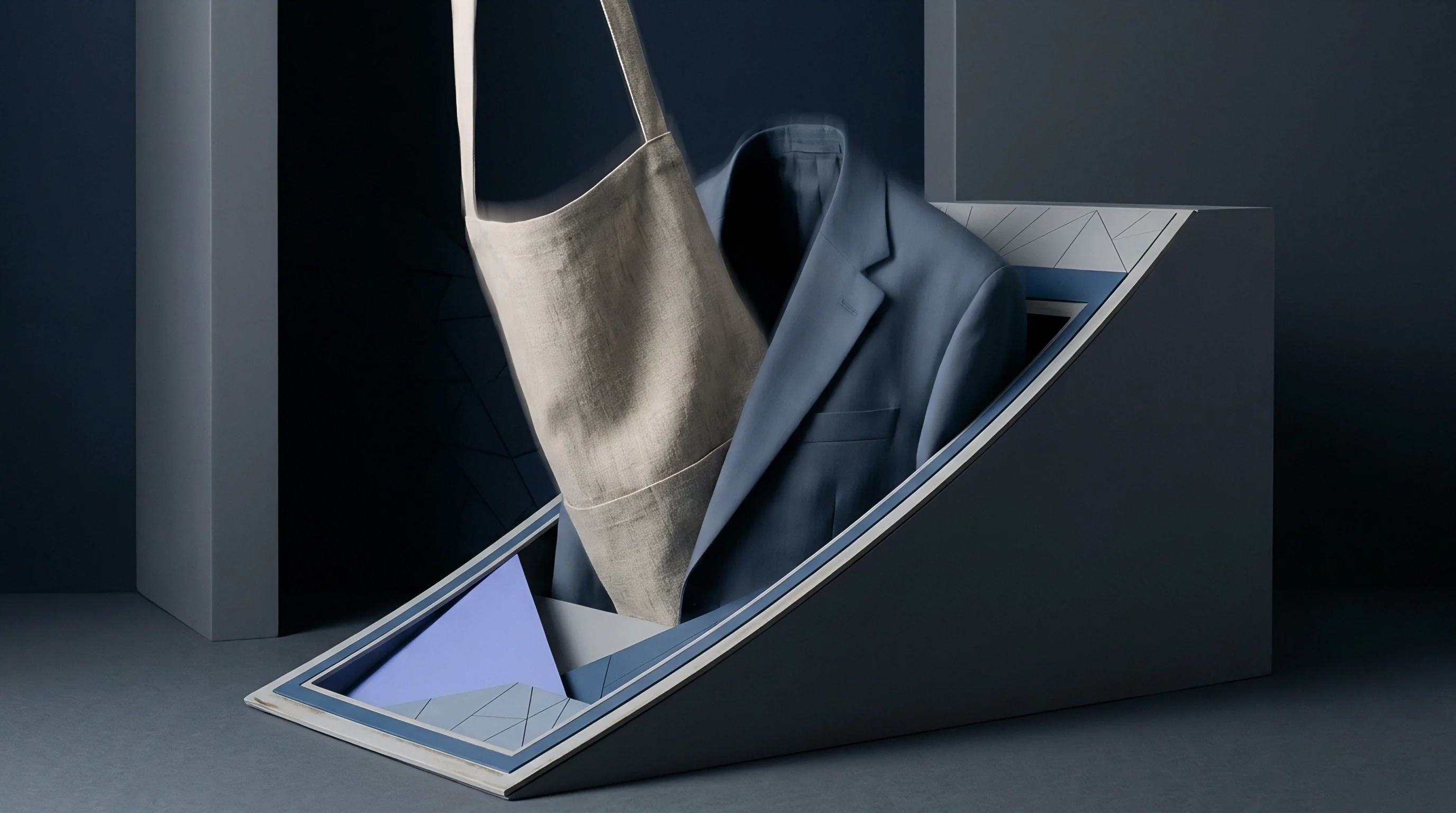 A digital render frames a tailored wool suit jacket alongside an unbleached woven flax textile emerging from an angular architectural structure.
