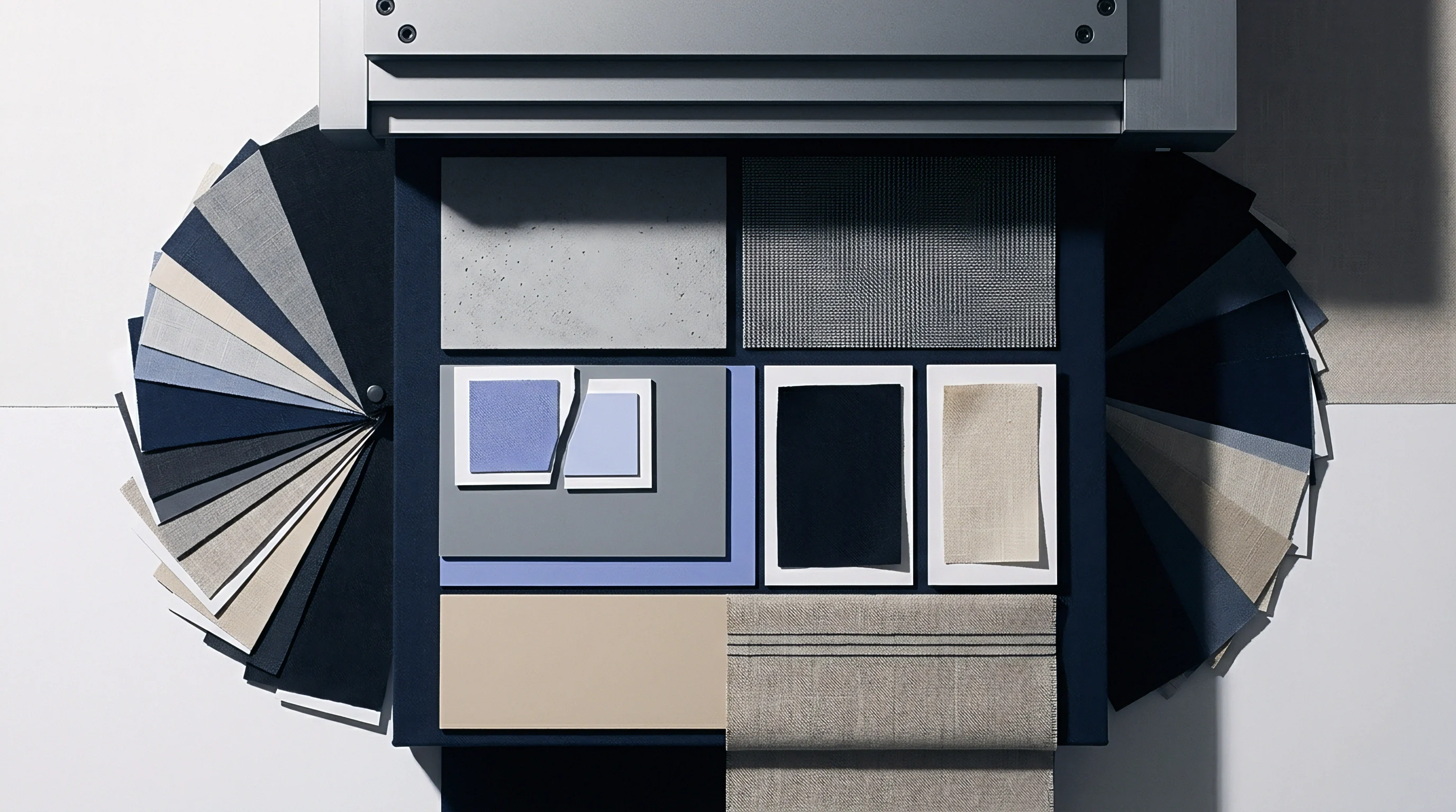 An industrial material palette displays linen fabric swatches stone tiles and colour cards organized within a dark blue tray under a metal frame.