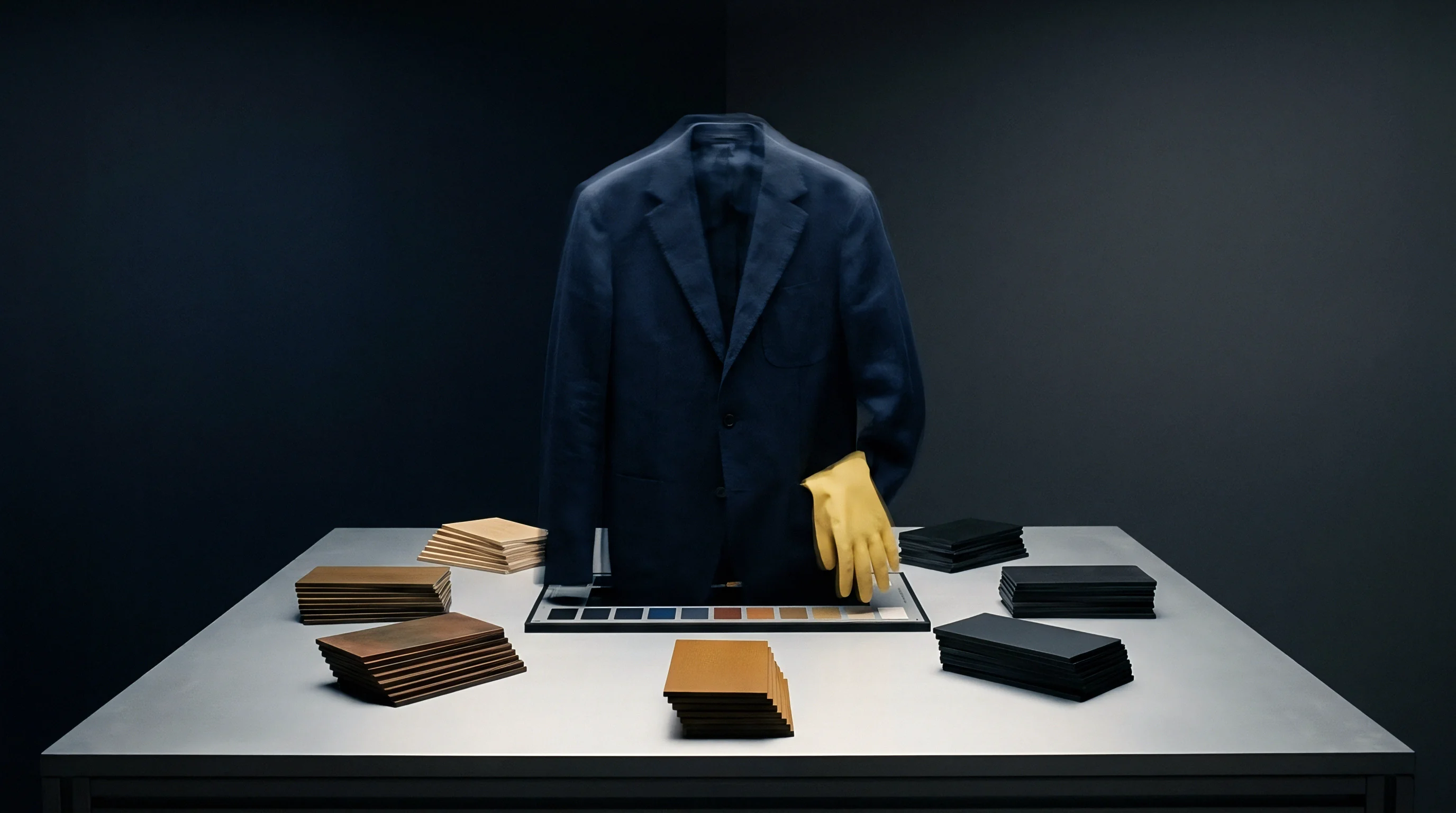 A dark blue tailored jacket hangs above a grey table arranged with stacked fabric swatches and a color matching palette.