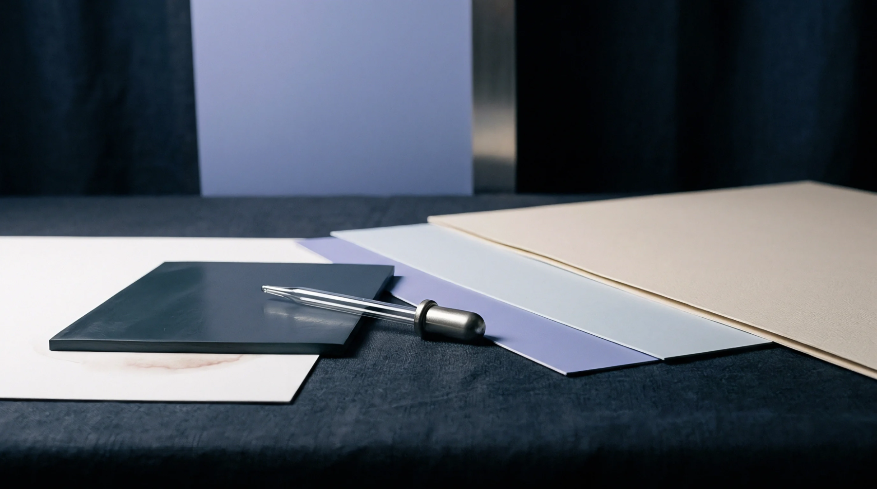 A glass laboratory dropper rests beside a dark grey textile sample plate positioned on neutral paper sheets across a dark table.