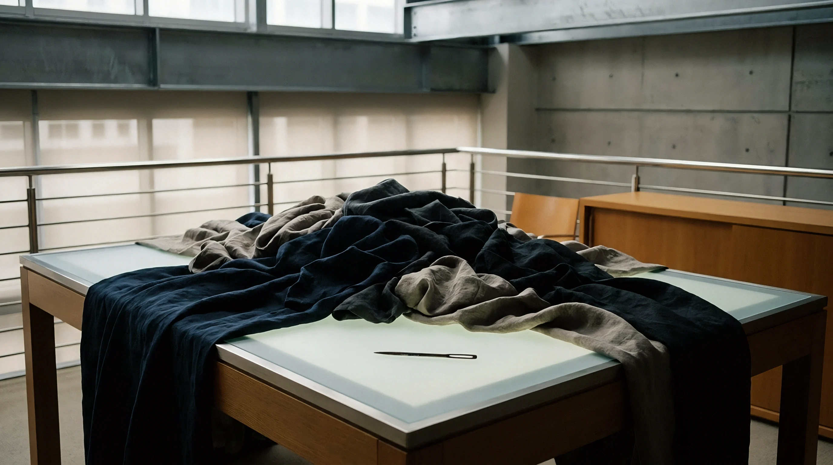 Woven linen fabric samples lie piled across an illuminated light table inside a textile manufacturing workshop with concrete walls.
