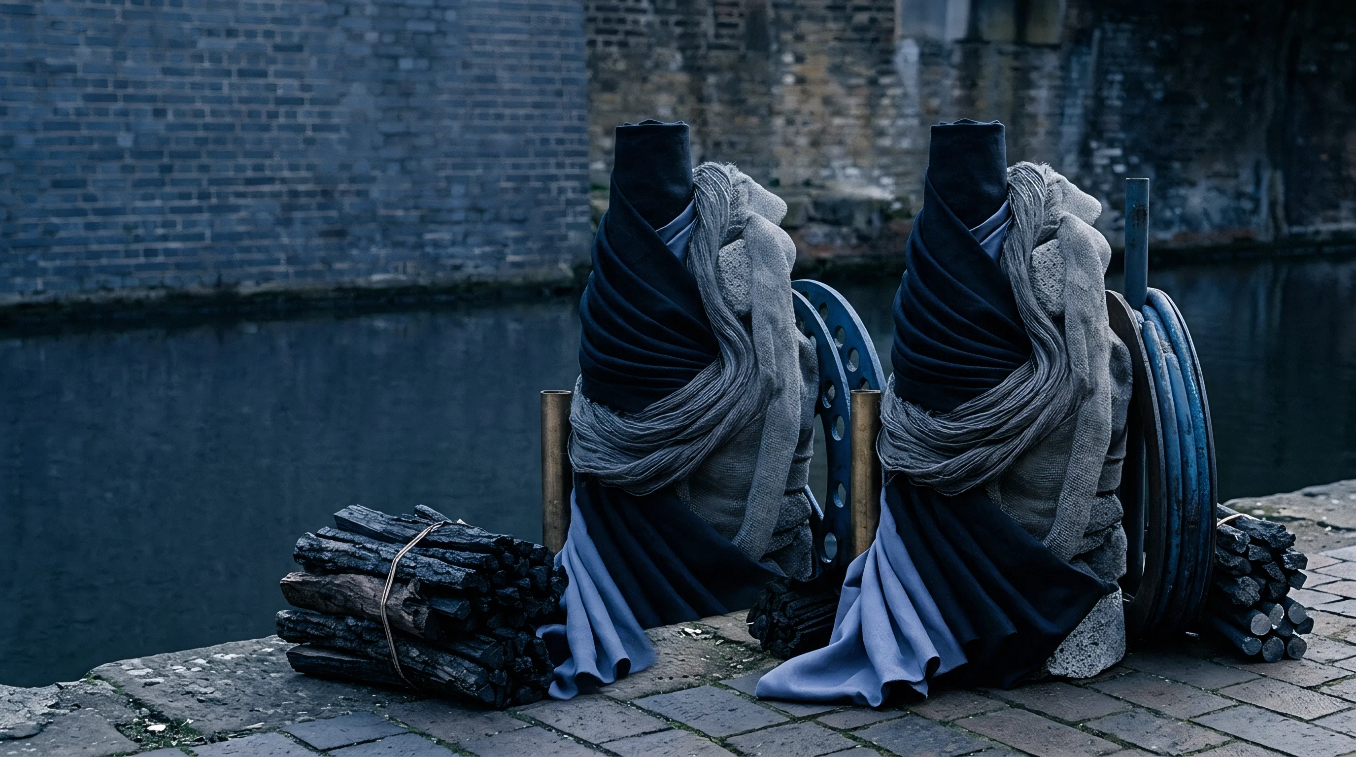 Woven textile bolts and bundles of processed fibers rest upright near stacked timber materials beside an urban industrial canal.