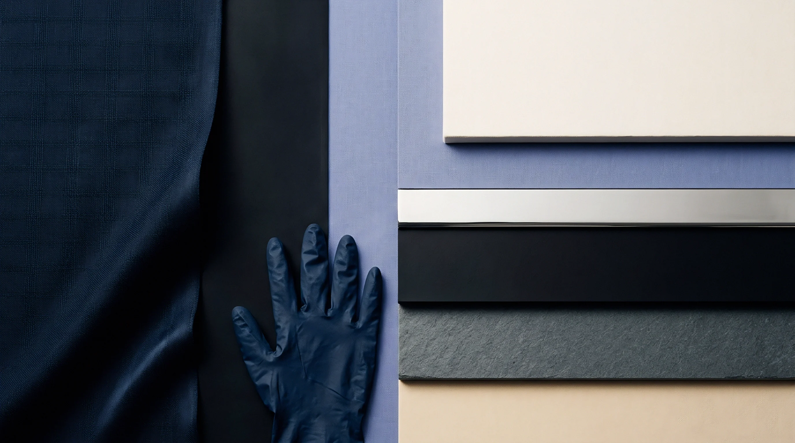 A blue nitrile gloved hand rests on a dark woven textile beside organized material samples including metallic strips and textured stone finishes.