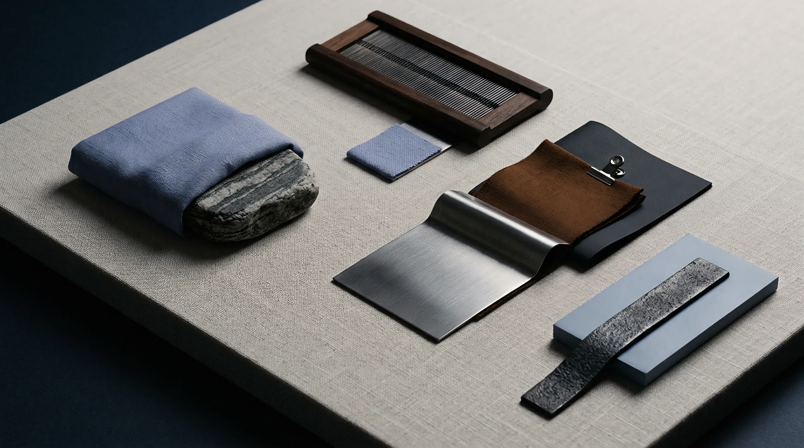 Various textile swatches, a wooden comb, a metal plate, and a wrapped stone sit arranged on a neutral canvas surface.