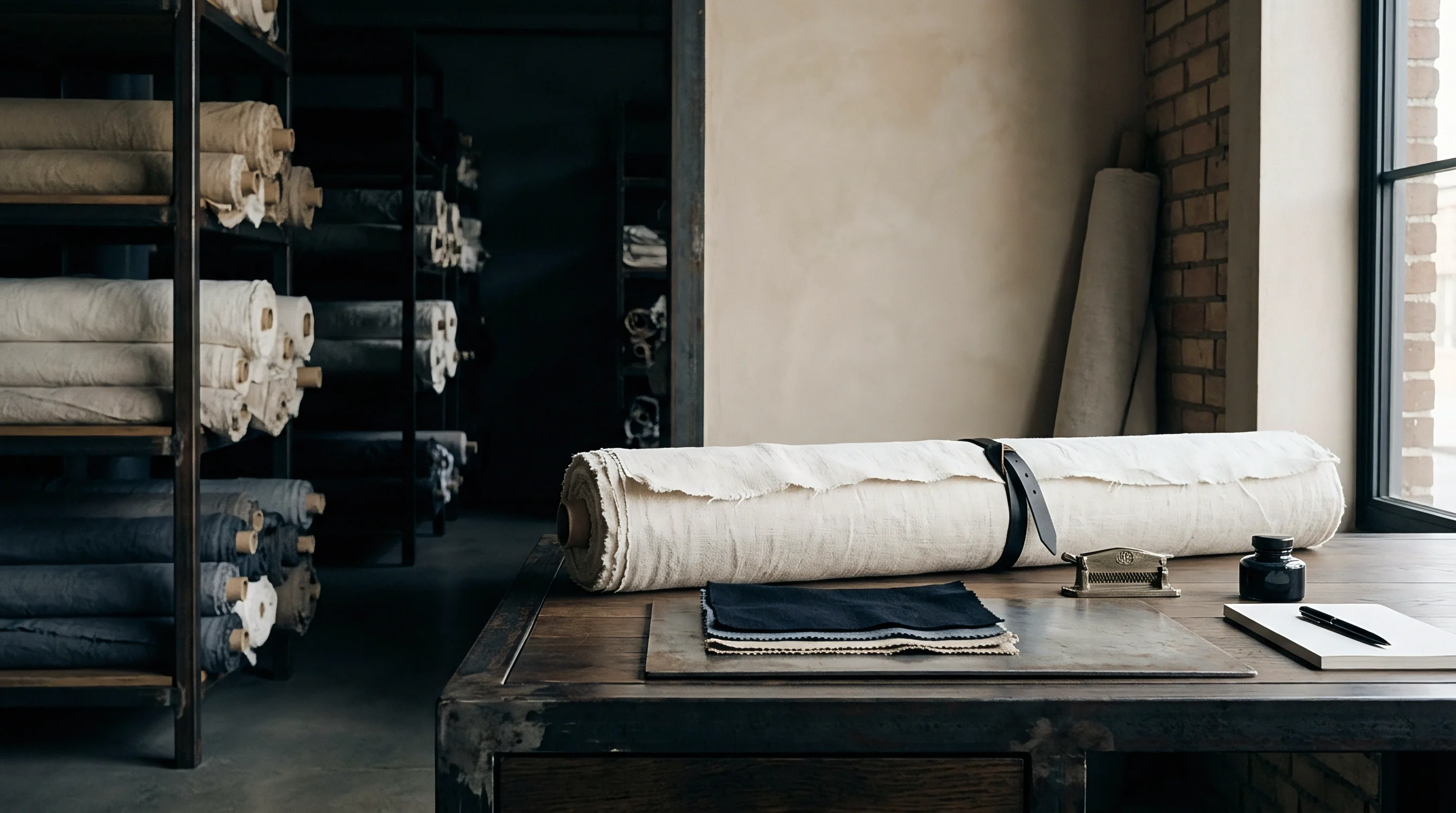 Unbleached woven flax fabric rolls rest on industrial metal shelving beside a timber work table holding textile swatches and stationery.