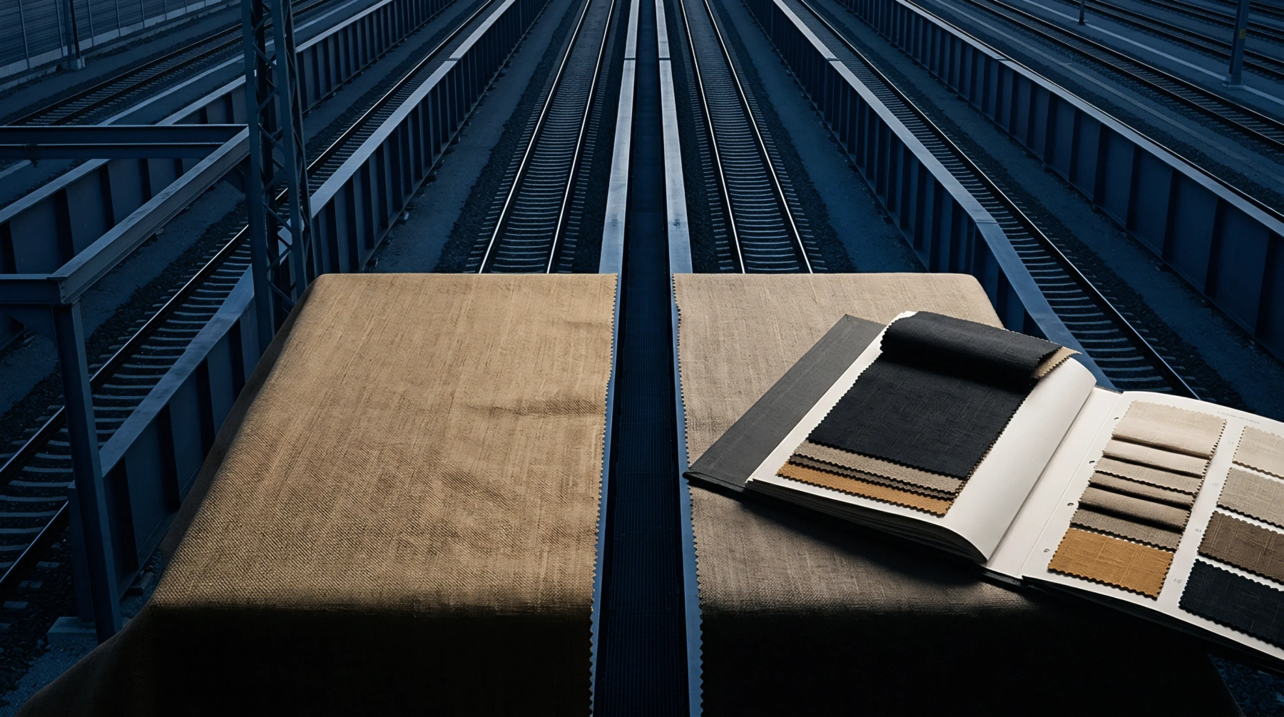 Coarse woven flax fabric and a fabric sample book rest on elevated surfaces overlooking converging industrial railway tracks.
