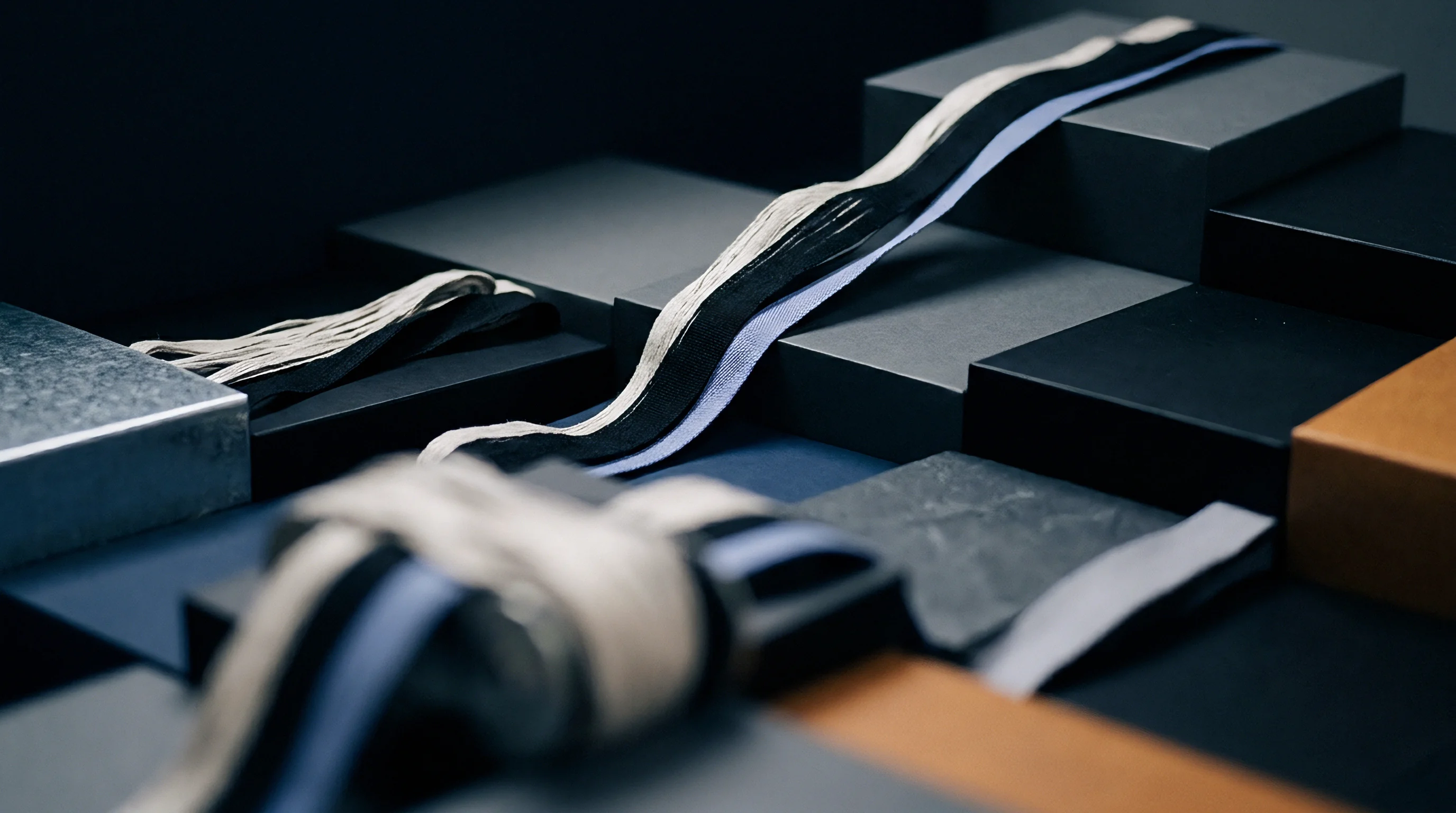 Woven textile tapes in natural flax and dyed cotton rest across layered geometric staging blocks within a manufacturing material archive.
