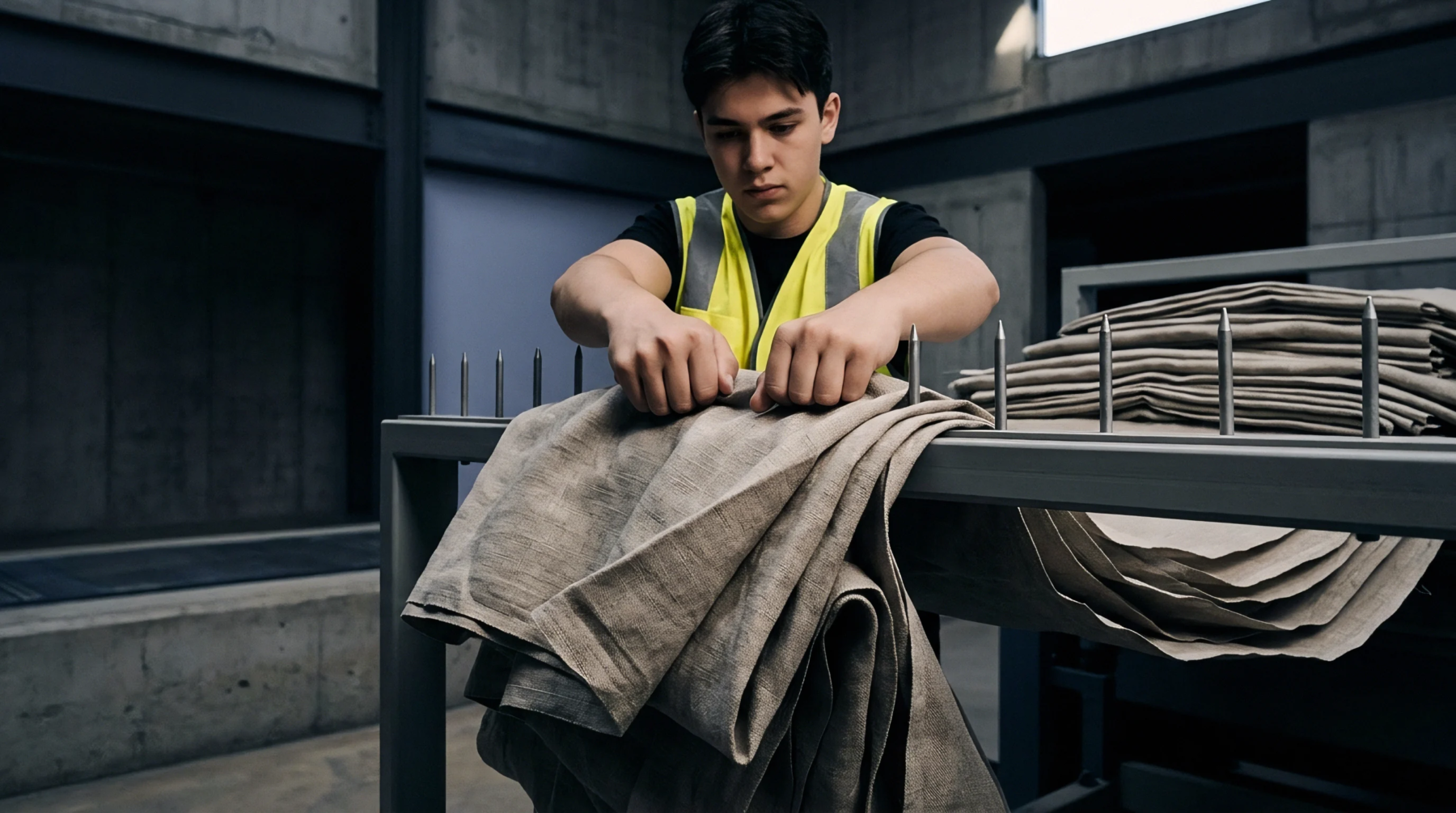 A young production operator in a high visibility vest positions folded woven linen fabric across vertical metal pins on an industrial assembly table.