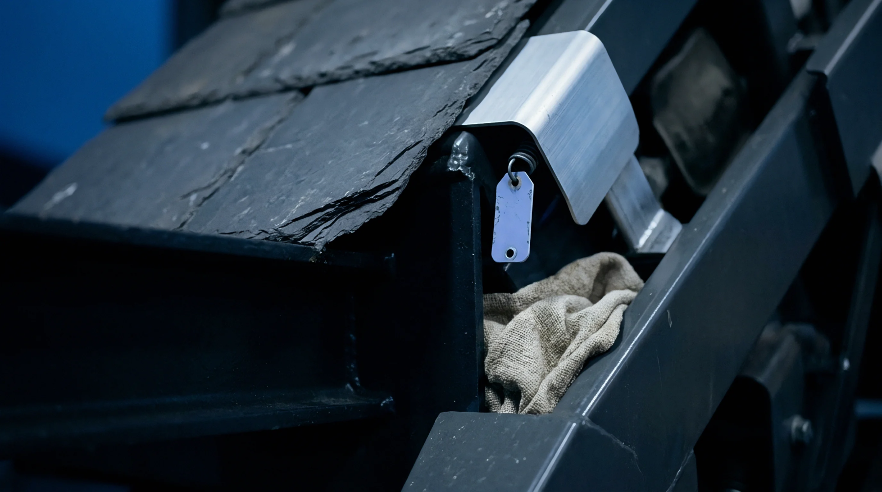 A blue identification tag hangs from a steel bracket beside a crumpled sample of coarse flax fabric within industrial machinery.