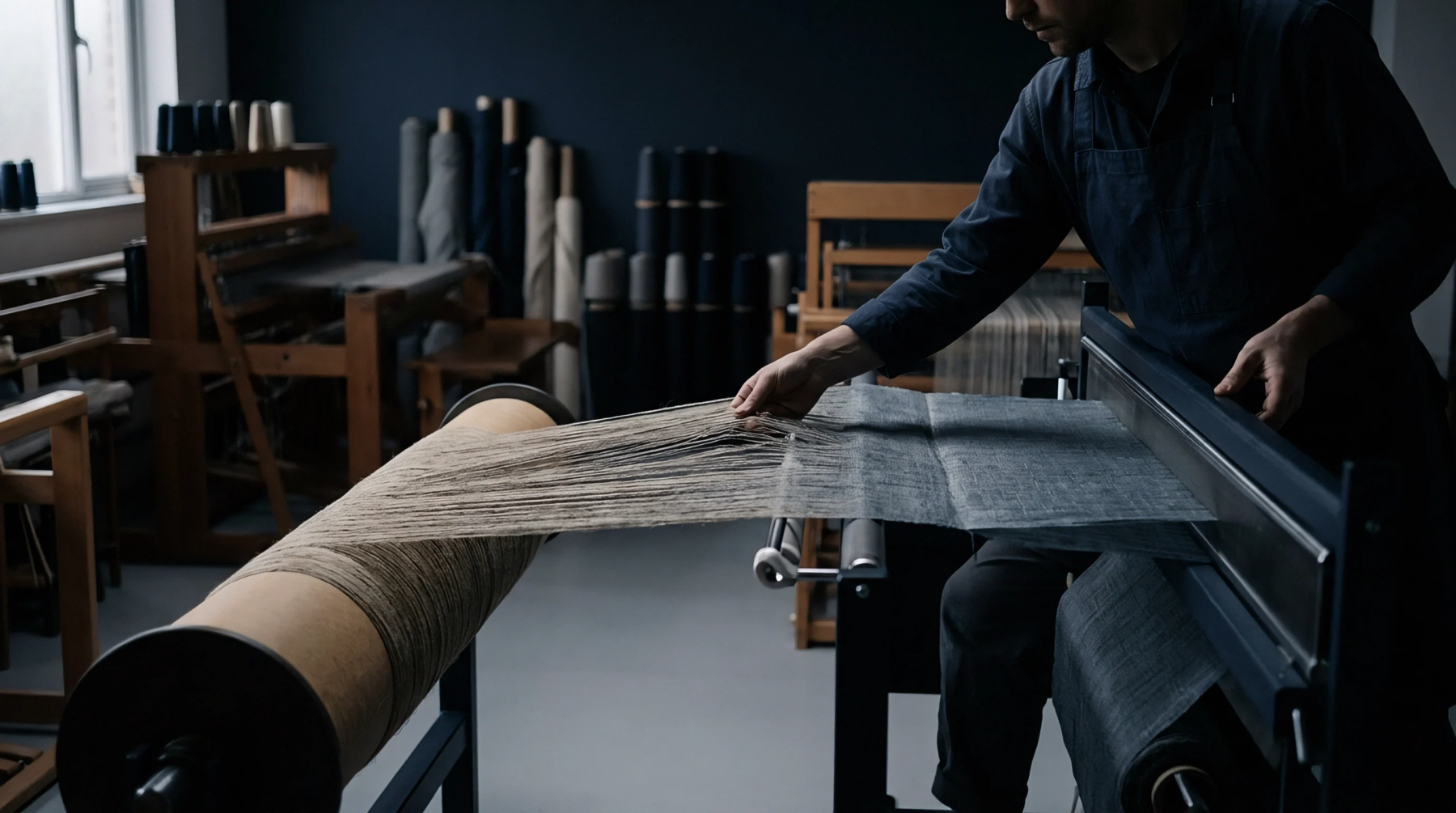A weaver adjusts linen warp threads stretching from a warp beam to a loom in a dimly lit textile workshop.