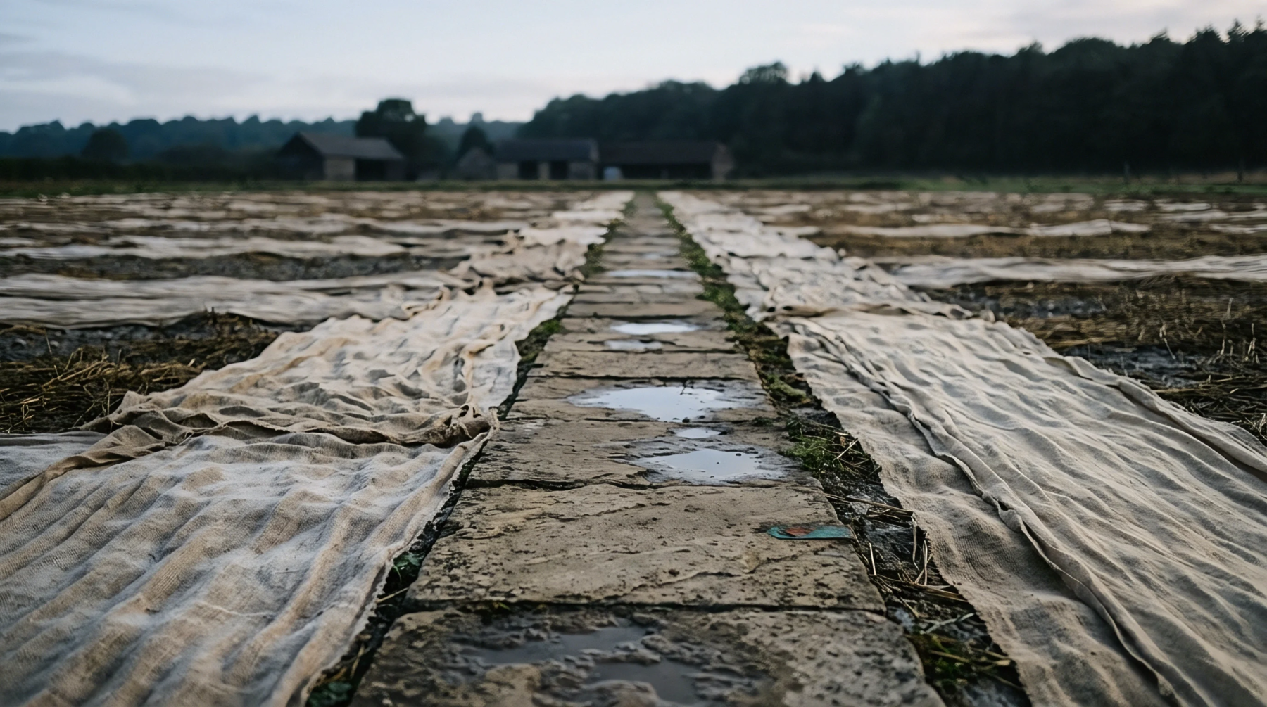 Woven textile strips lie across rural agricultural ground flanking a wet stone pathway leading toward distant farm buildings under an overcast sky.