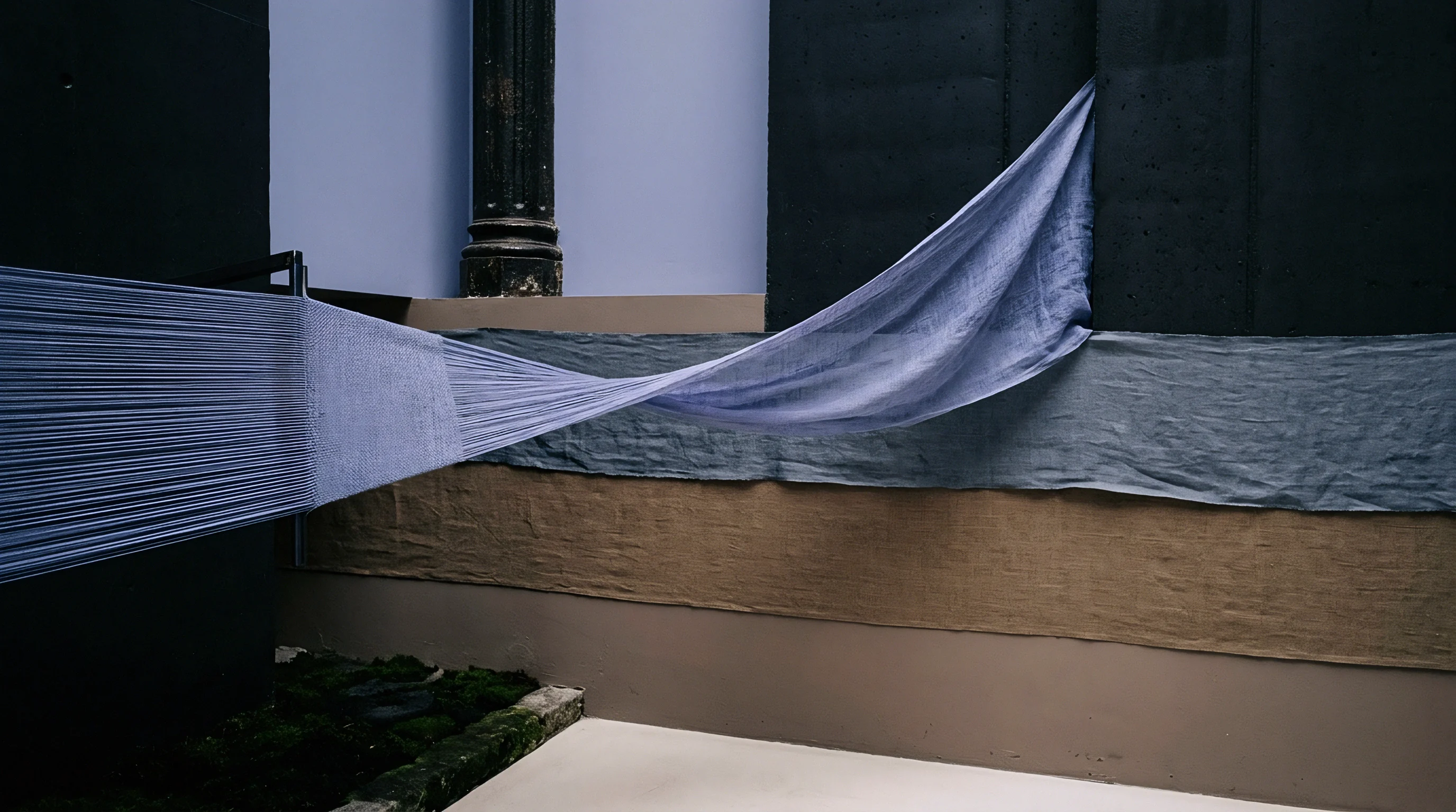 Parallel warp threads stretch horizontally from a frame, transforming into a tightly woven linen fabric draped against a neutral wall.