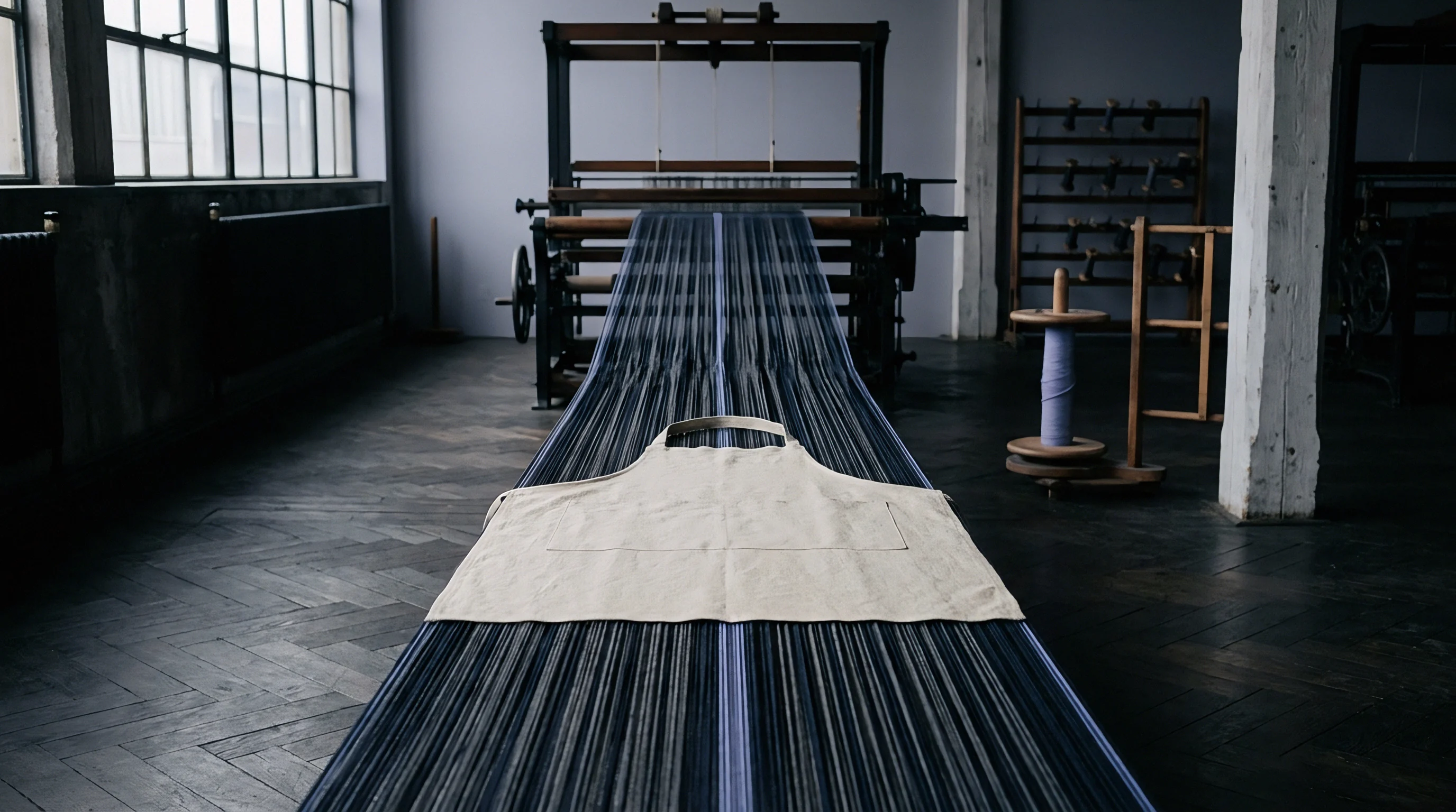 A natural apron rests upon dark striped warp threads extending across the wooden floor toward a heavy mechanical loom inside a spinning workshop.