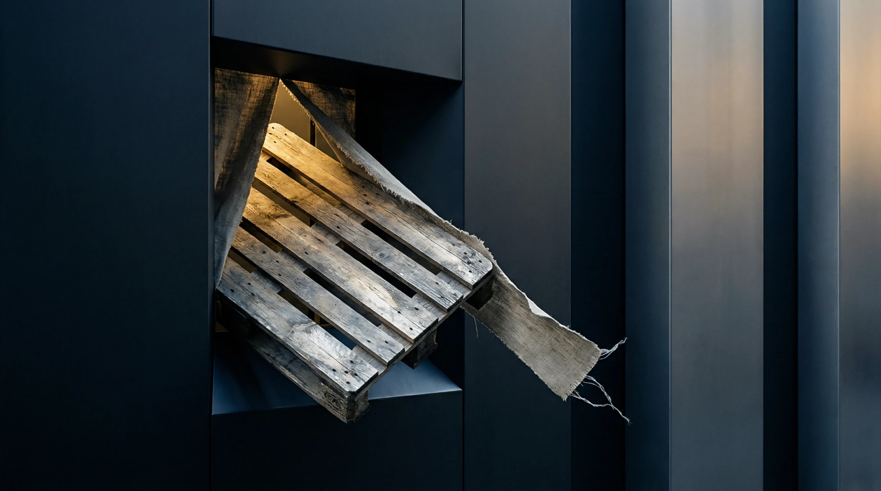 A weathered wooden shipping pallet emerges through a dark architectural aperture wrapped in coarse natural fiber textile.