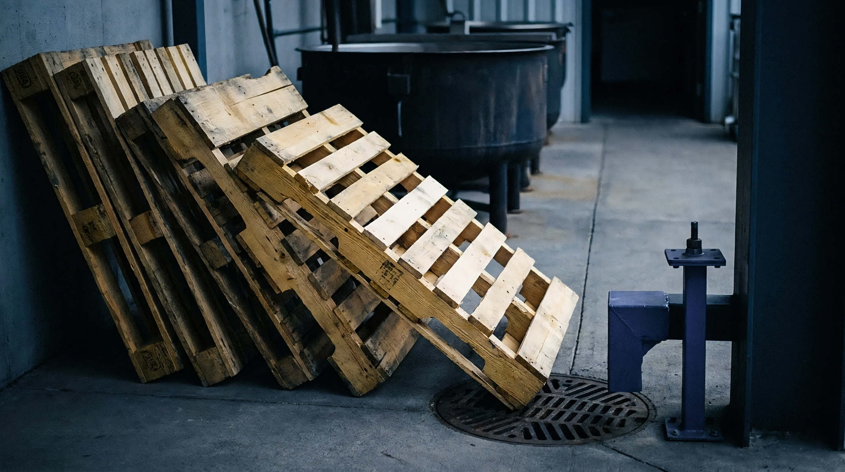 Weathered wooden pallets lean against a concrete wall inside an industrial textile mill equipped with large metal processing vats.