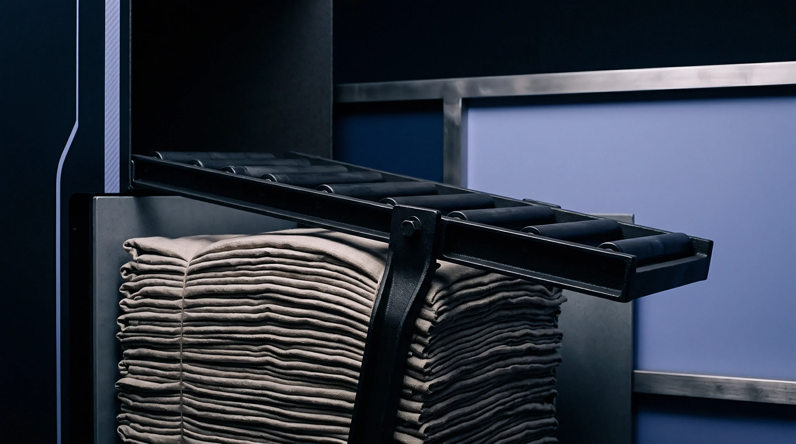 A digital render shows a heavy stack of folded woven linen fabric positioned beneath a black metal roller conveyor inside an industrial production facility.