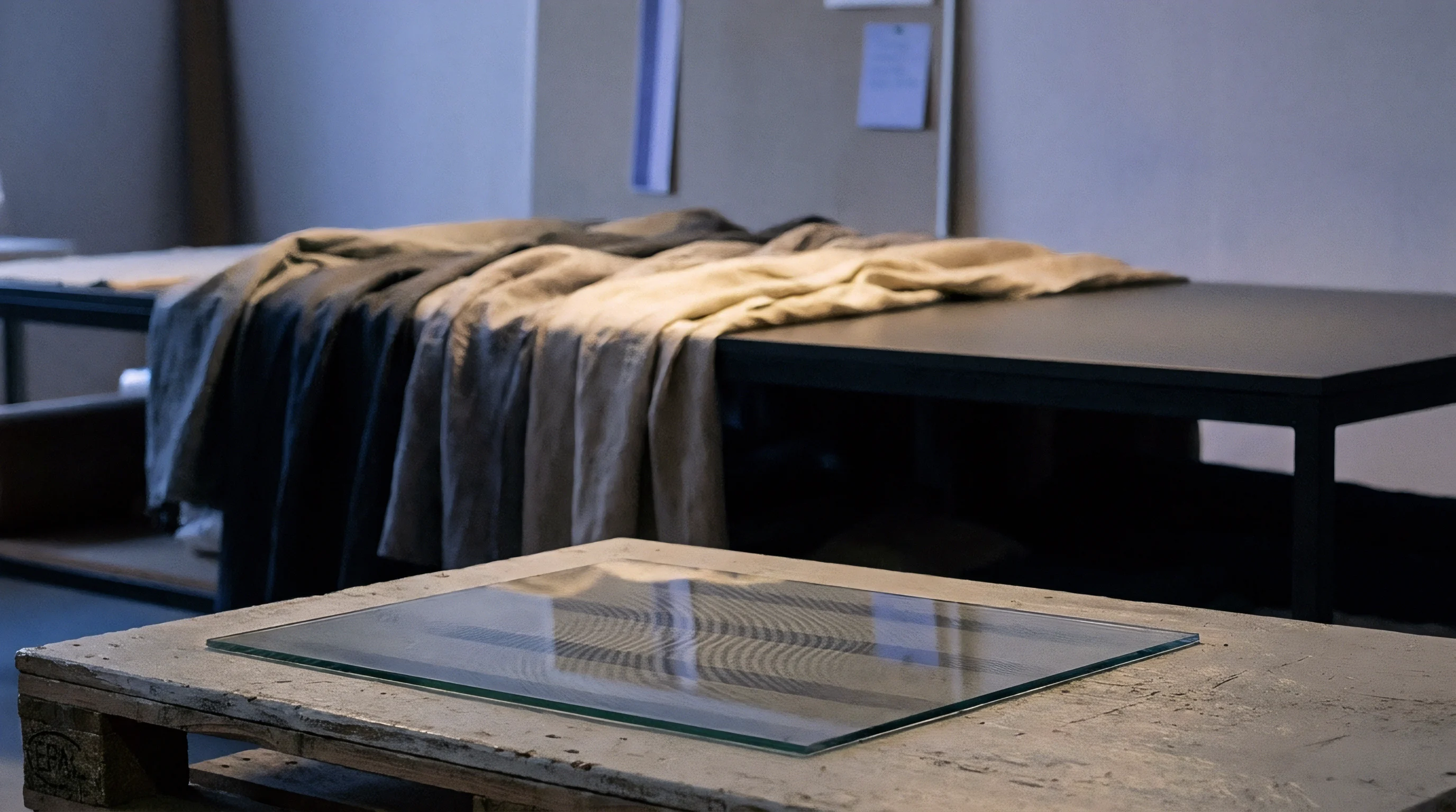Natural woven flax fabric drapes over a dark table in a textile studio, with a clear glass panel on a raw wooden pallet.
