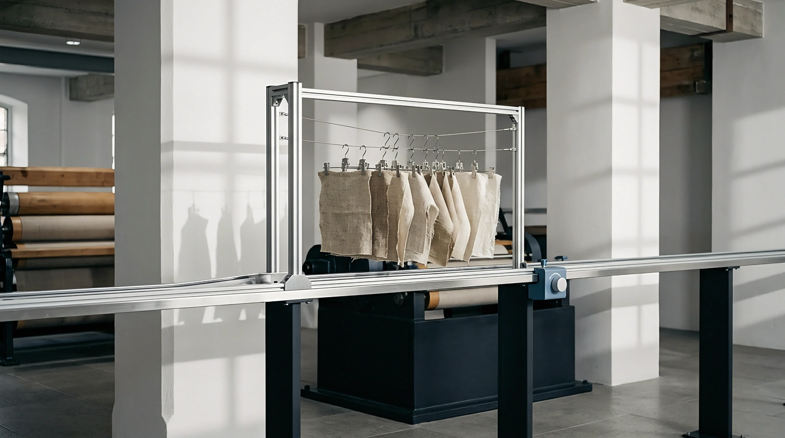 Multiple woven textile samples, displaying varying natural tones, hang from a metal testing apparatus within a dedicated textile production facility.