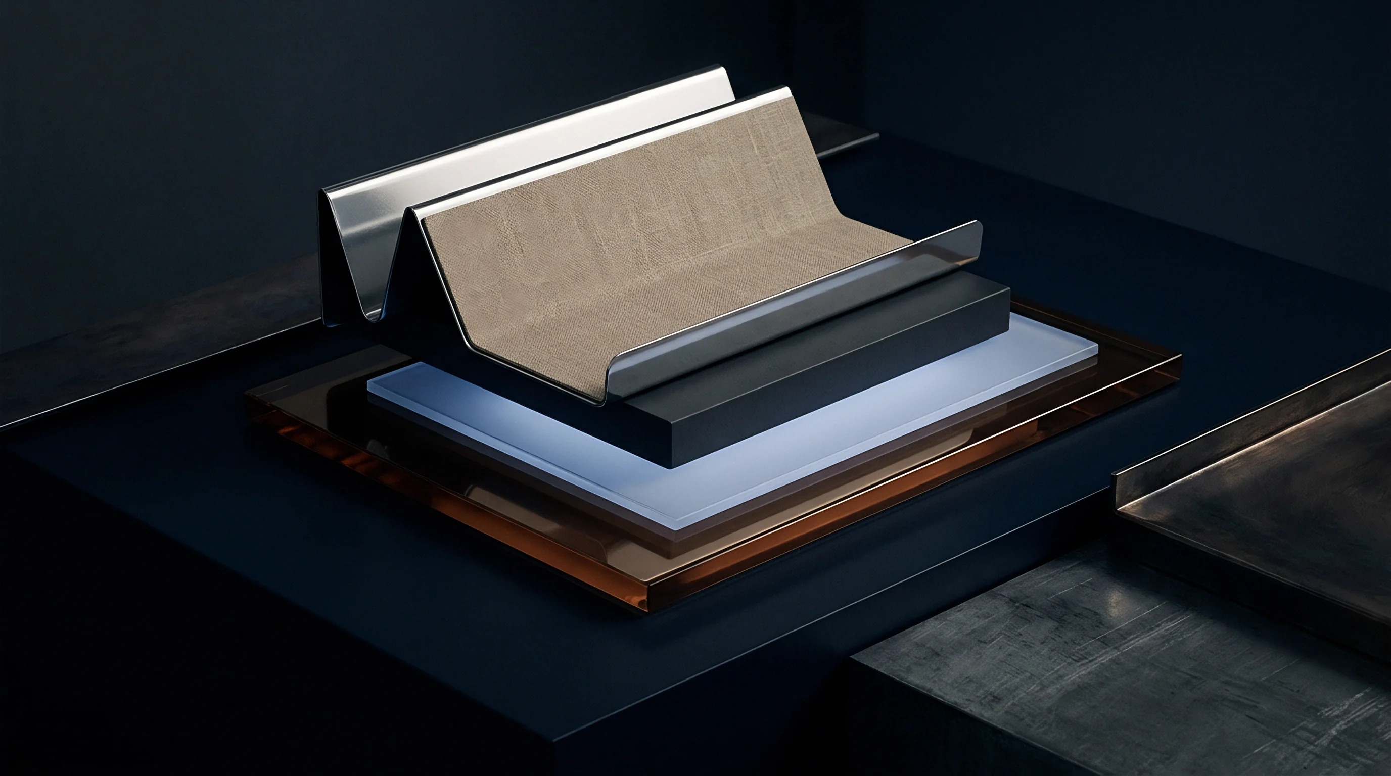 A digital render shows a woven flax textile trough resting above stacked metal and glass plates on a dark tabletop.
