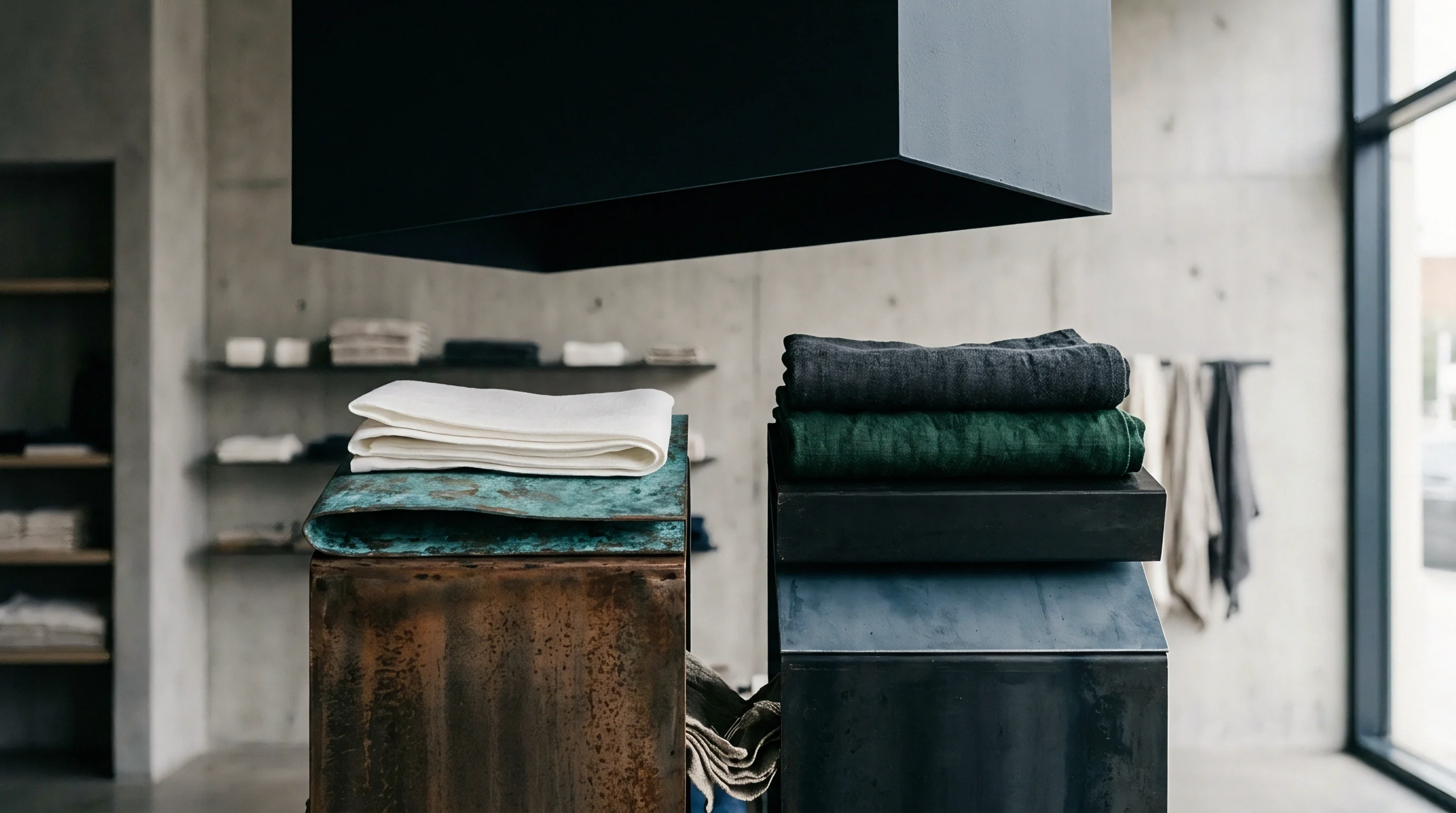 Folded woven linen fabrics rest atop industrial metal and rusted steel display pedestals inside a concrete showroom.