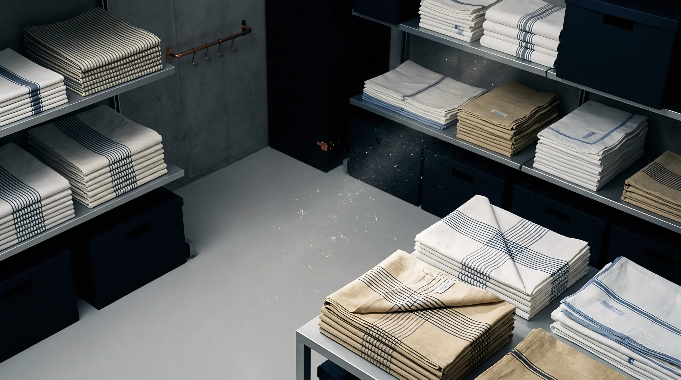 Stacks of folded woven textiles featuring striped and checked patterns are neatly arranged on metal shelves within a utilitarian storage space.