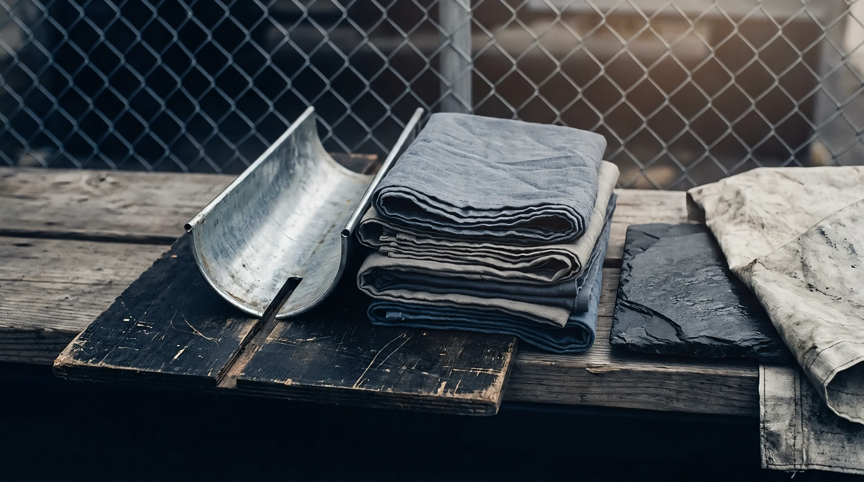 Folded grey and blue woven linen pieces sit beside a galvanized metal trough on an aged wooden work table.