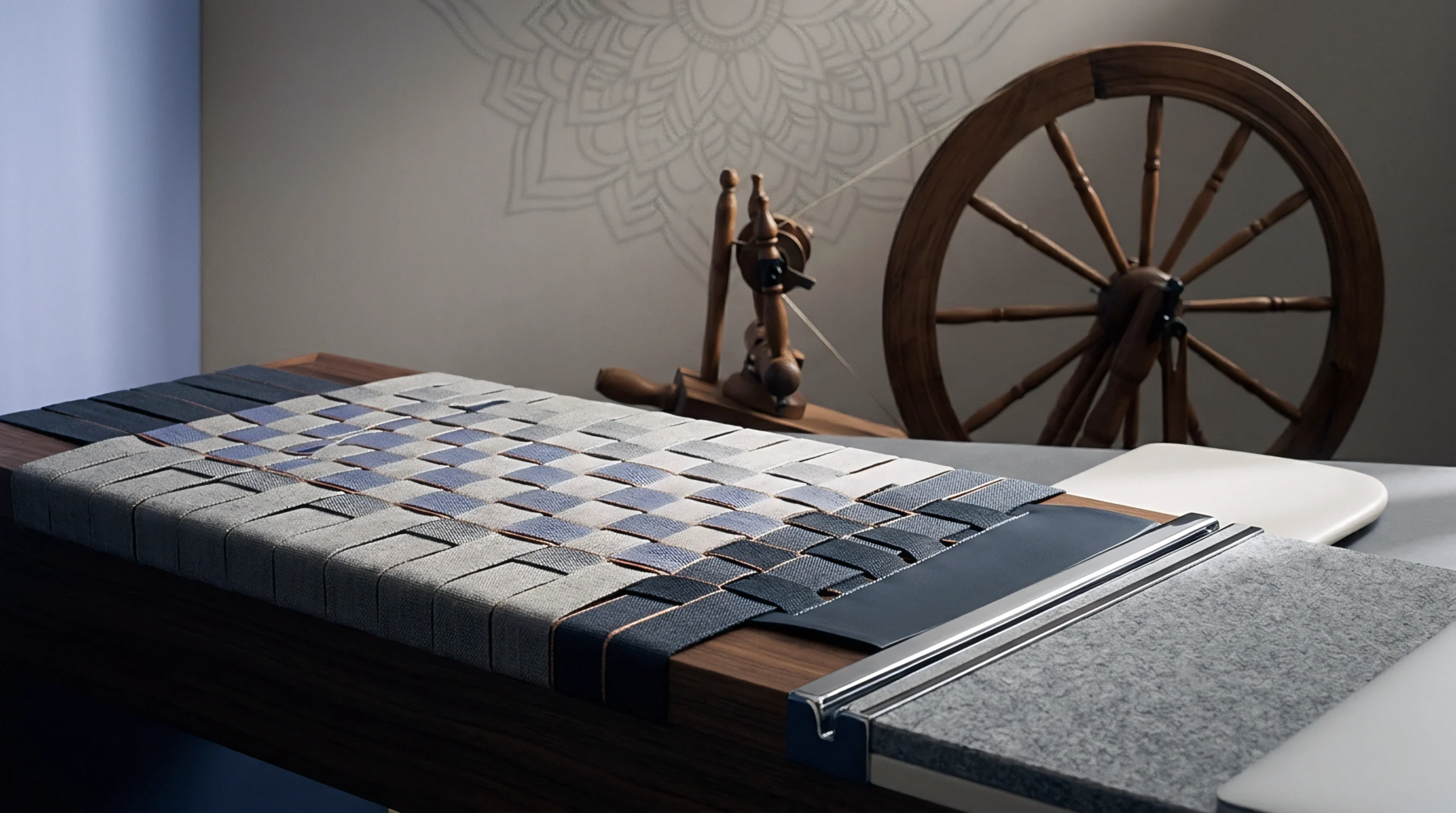Interlaced textile straps in grey and blue tones lie on a wooden workbench with a metal track beside a spinning wheel.