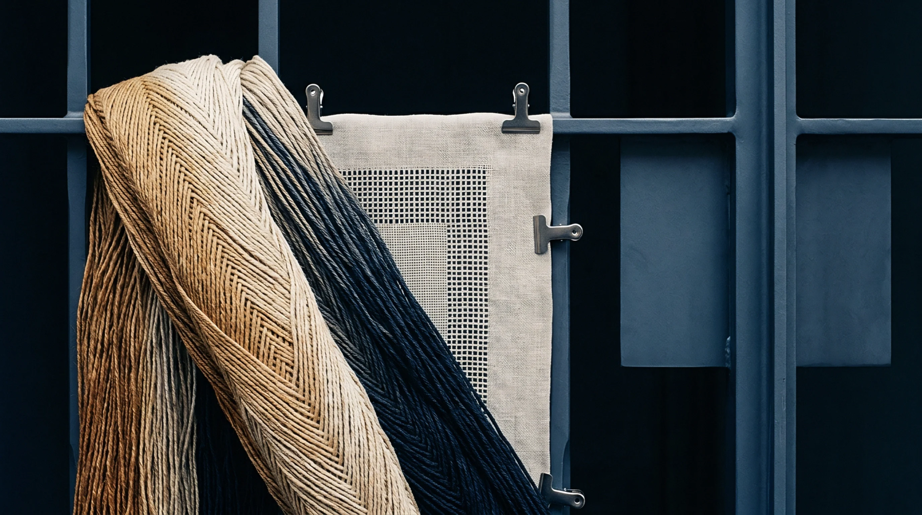 Dyed yarn hanks and a woven linen swatch hang clipped to a dark industrial metal frame within a production facility.